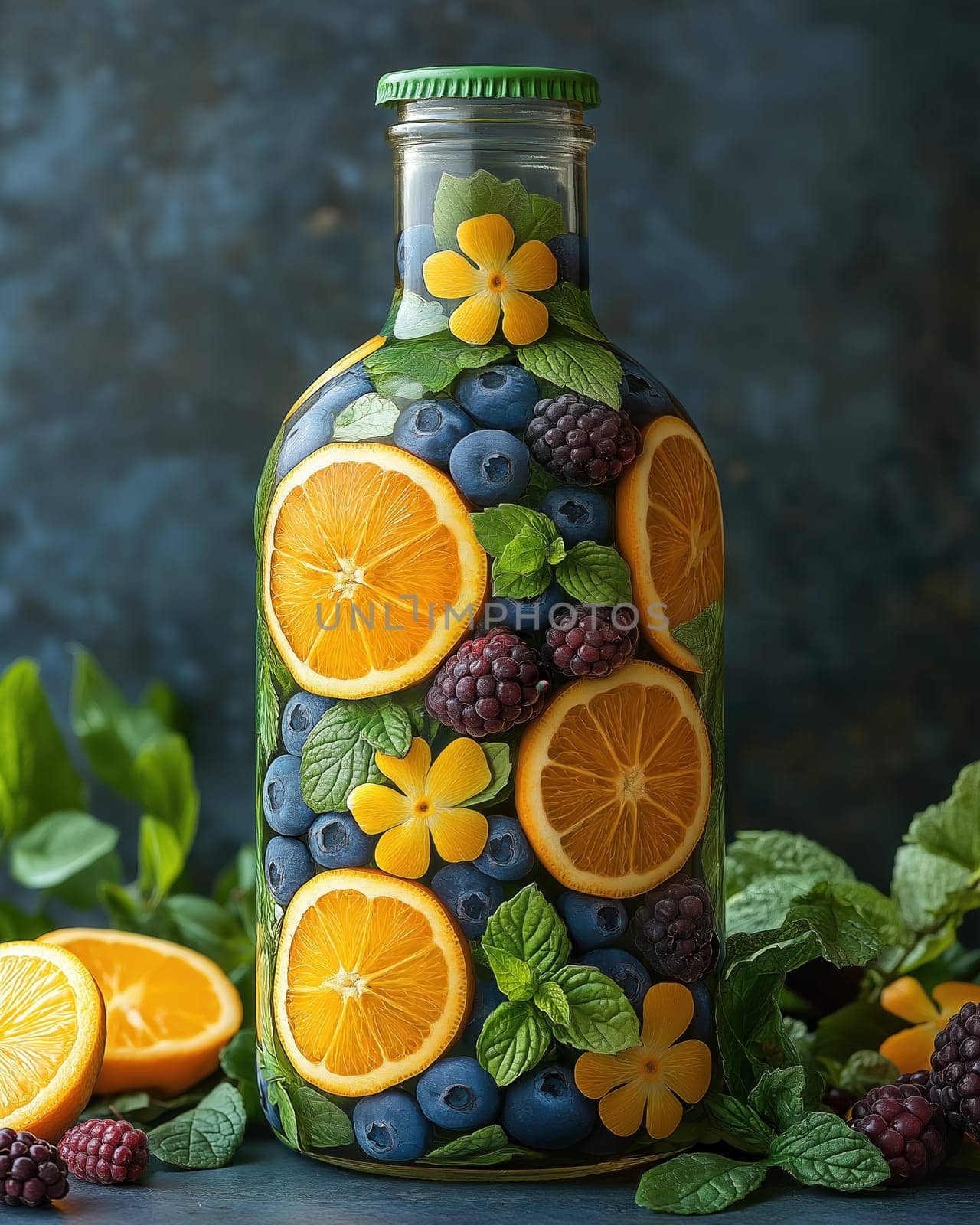 Glass bottle with drink filled with orange slices, berries. Selective focus.