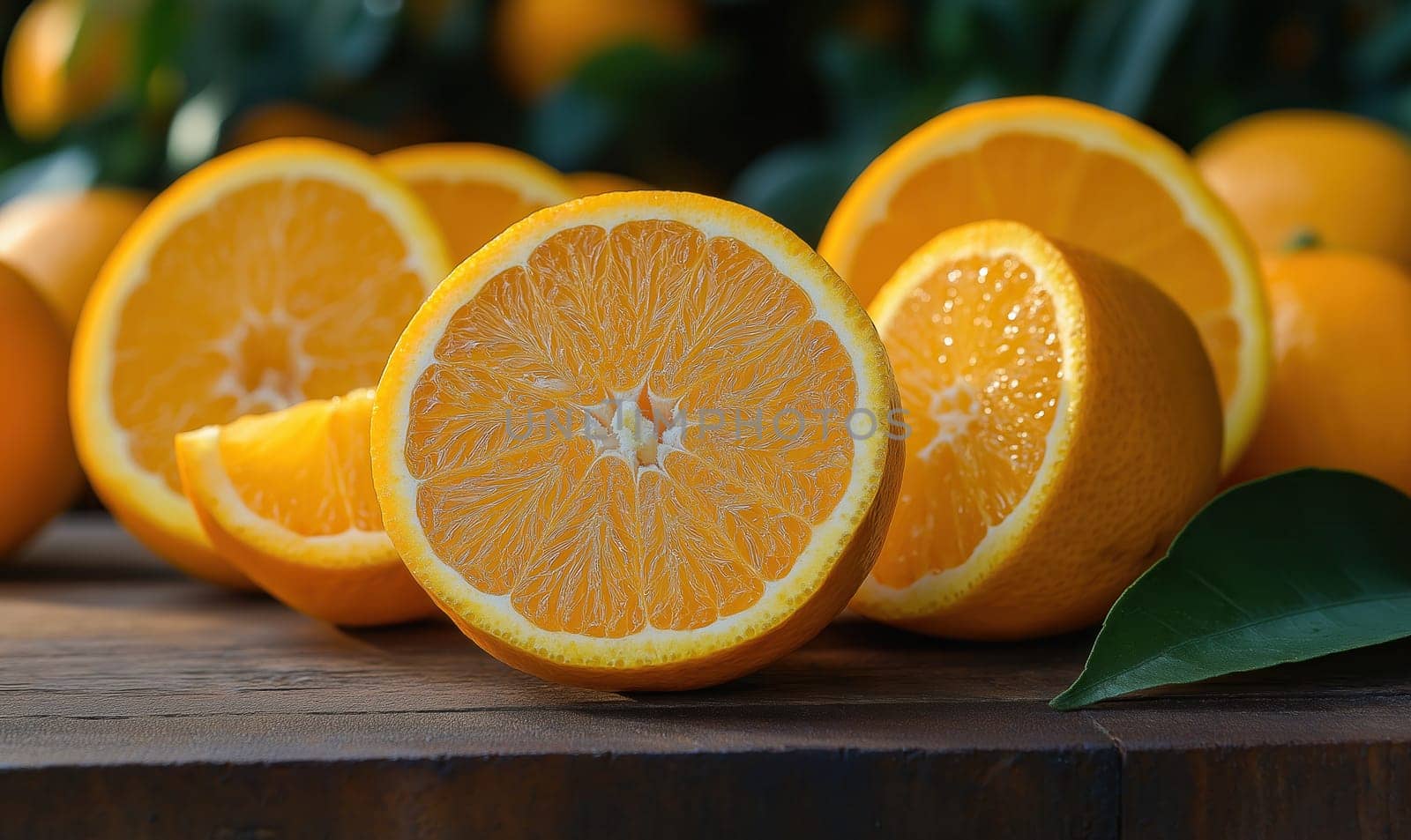 A juicy cut orange lies on a wooden board. Selective focus.