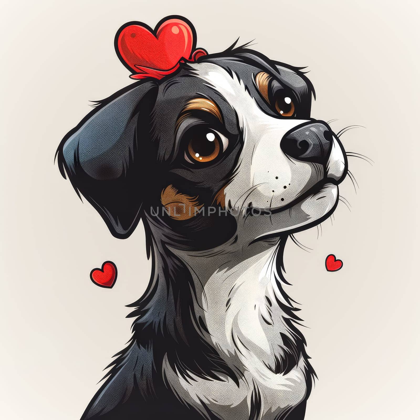 Cute dog with a red collar sits on a table with a heart drawn on it. The dog is looking up at the heart, as if it is a gift or a sign of love. Concept of warmth and affection