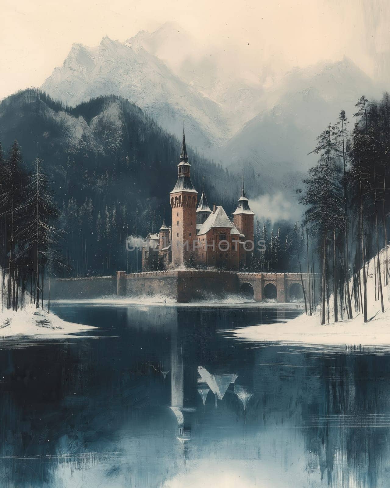 Winter castle standing on the shore of a reservoir against the backdrop of mountains. Selective focus.