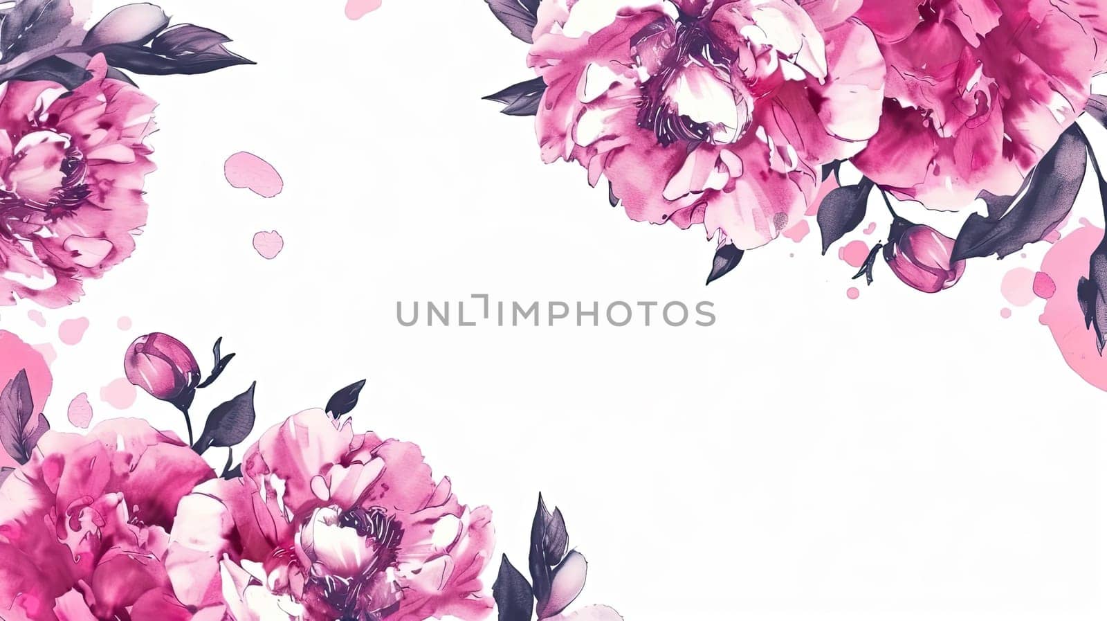 Vibrant pink peonies are arranged beautifully, surrounded by soft watercolor splashes, creating a fresh and elegant design suitable for various artistic projects.