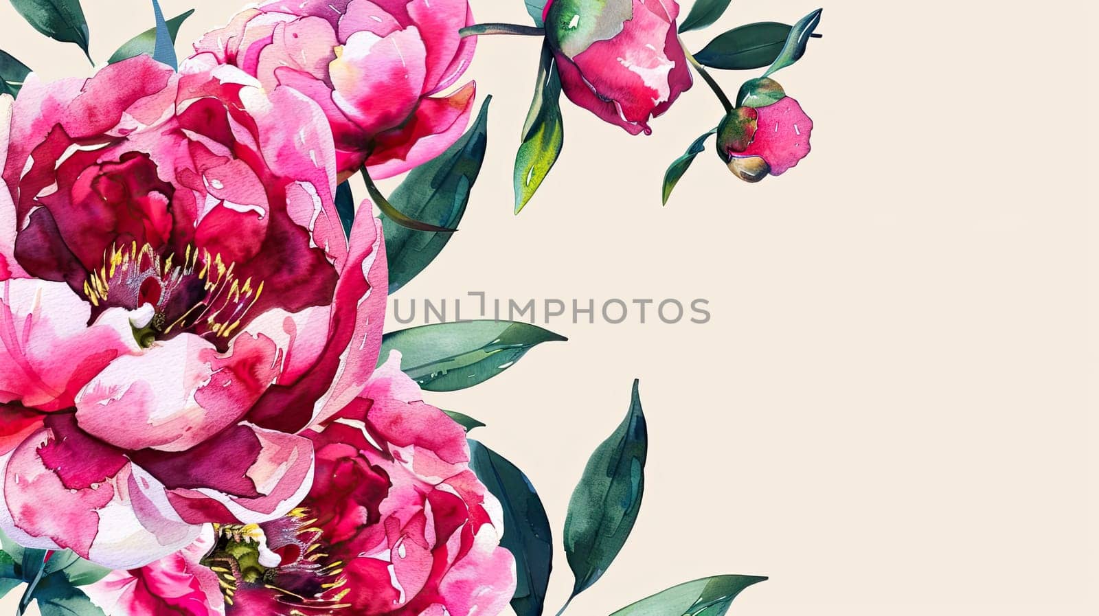 A stunning display of vibrant pink peony flowers and green leaves is arranged elegantly against a light beige background, creating a sense of tranquility and beauty.