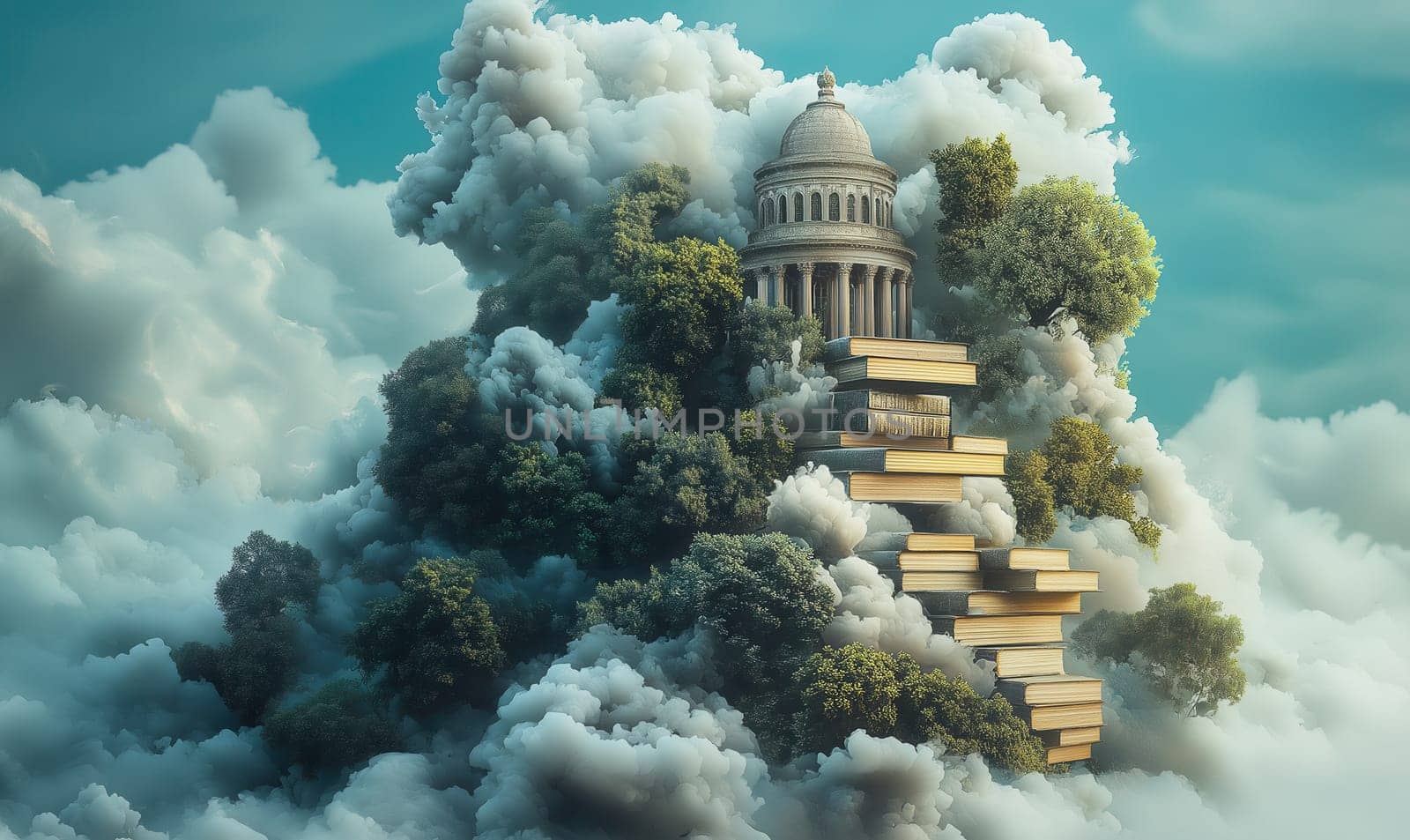 Abstract painting with books rising in stacks into the clouds, a symbol of knowledge and education. Selective focus.