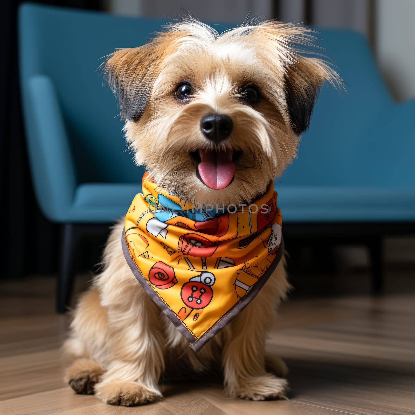 Dog with a yellow bandana on its neck is smiling and looking at the camera. The image has a cheerful and playful mood, as the dog appears to be enjoying its time and is happy to be photographed