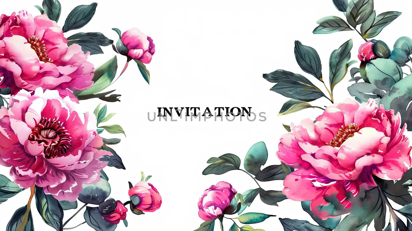 The floral invitation showcases vibrant pink peonies and rich green foliage elegantly framing the word INVITATION, perfect for a celebratory event.