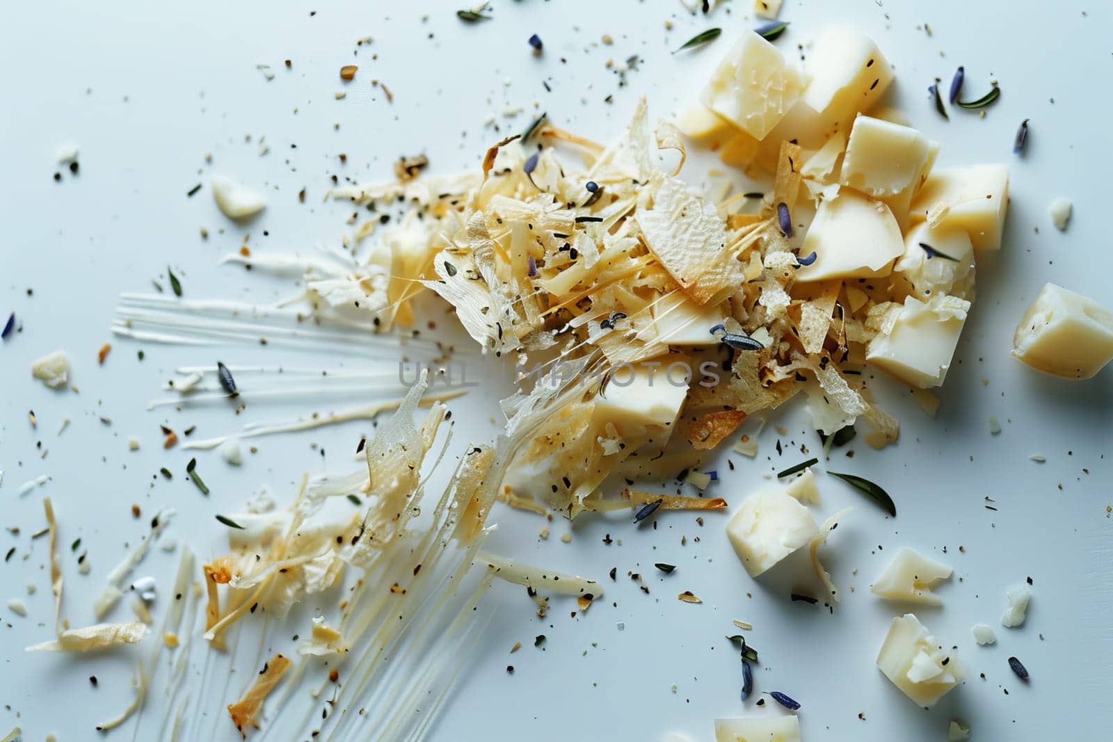 Realistic depiction of scattered small cheese pieces on a clean white background for culinary art, Generated by AI