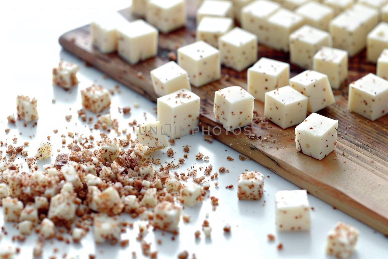 Realistic depiction of scattered small pieces of cheese against a crisp white background, Generated by AI