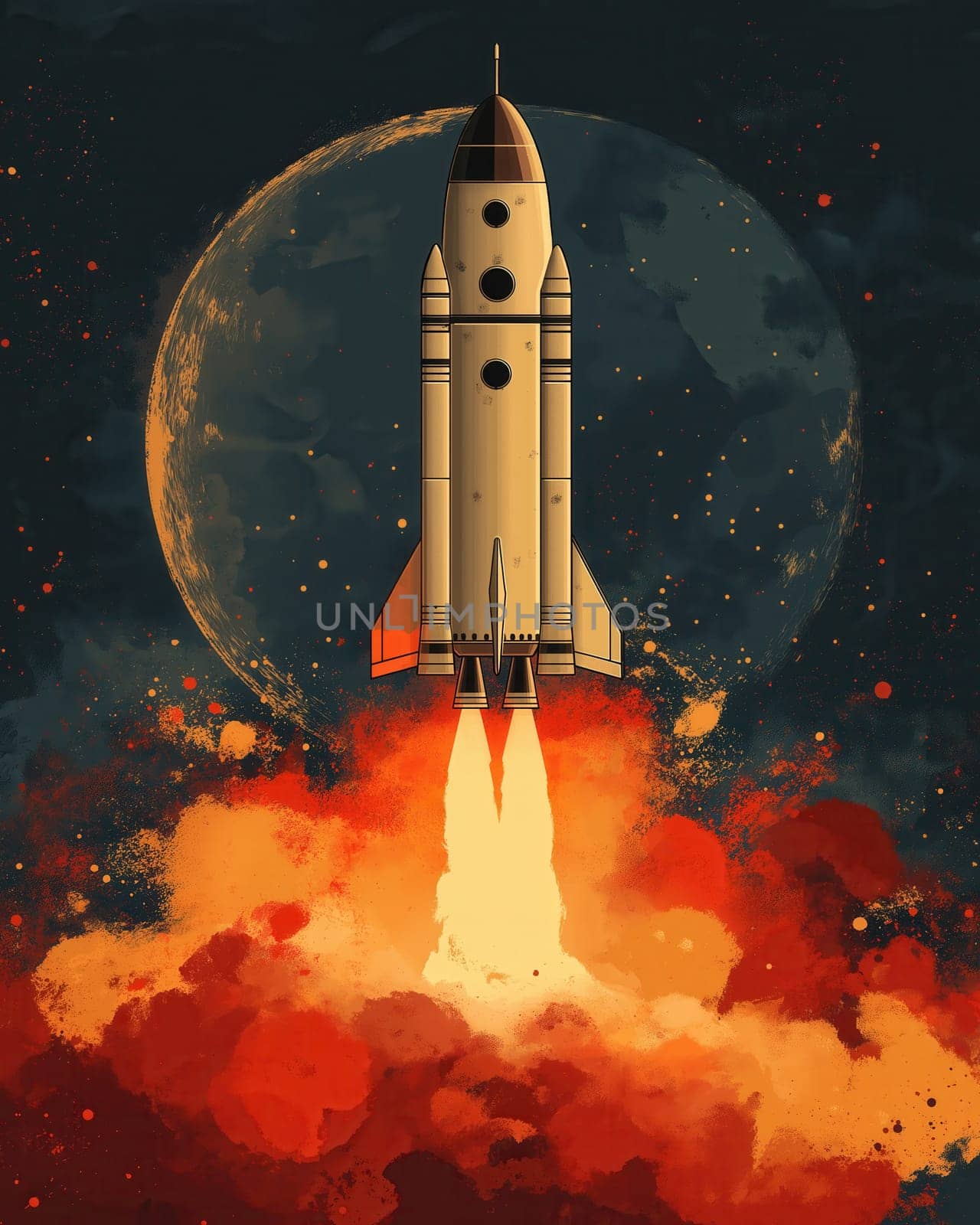 A rocket launches into the vibrant sky, surrounded by billowing clouds and a backdrop of distant stars. Selective focus.