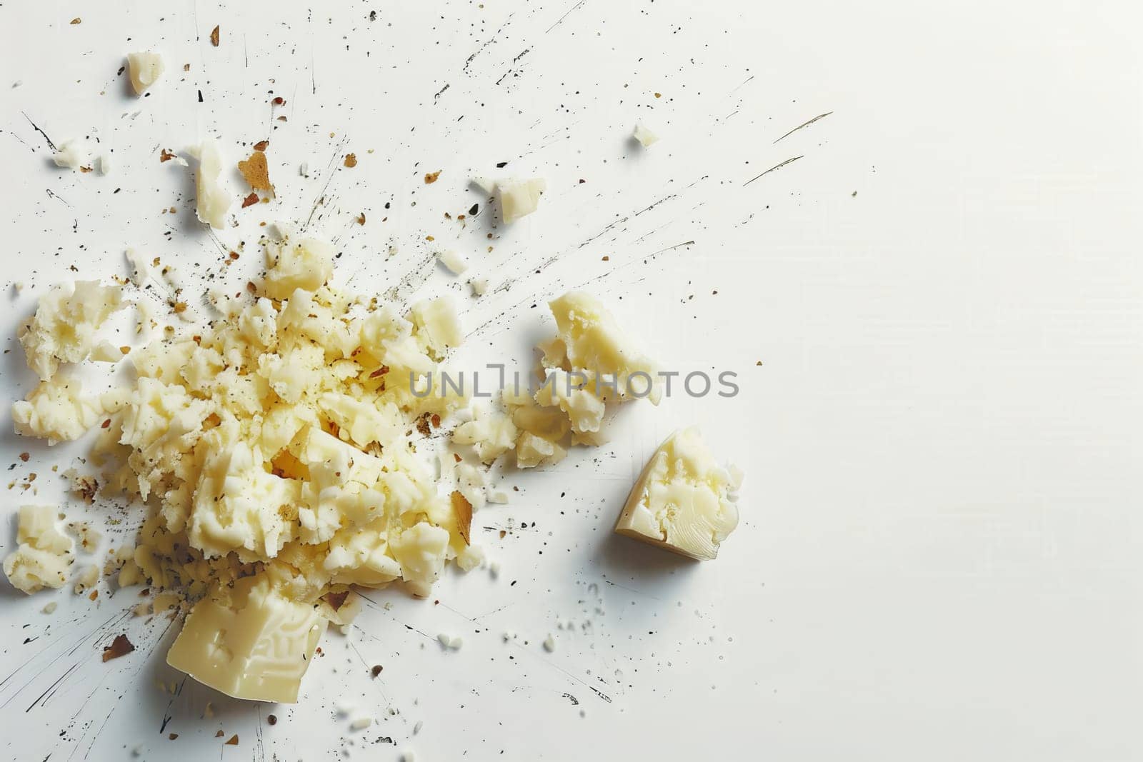 Realistic depiction of scattered small cheese pieces on a clean white background, Generated by AI