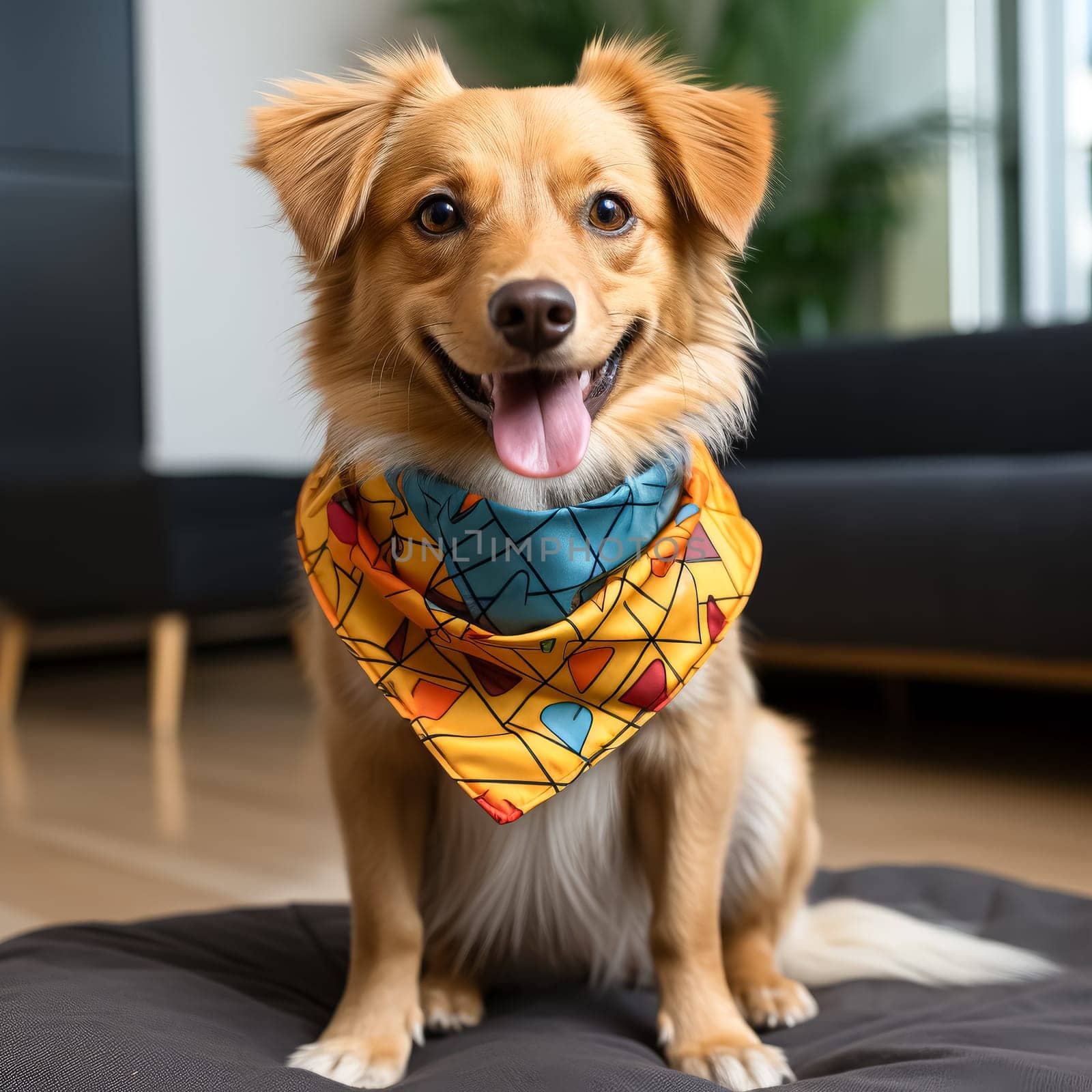 Dog with a yellow bandana on its neck is smiling and looking at the camera. The image has a cheerful and playful mood, as the dog appears to be enjoying its time and is happy to be photographed