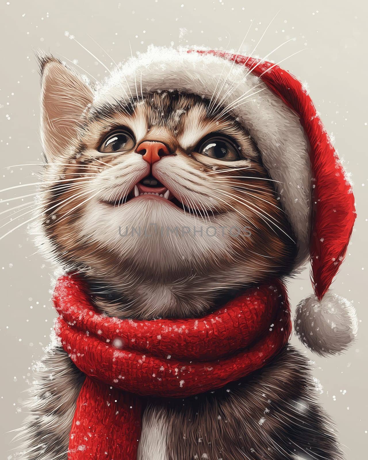 Cartoon cat in a Santa hat on a white background. Selective focus.