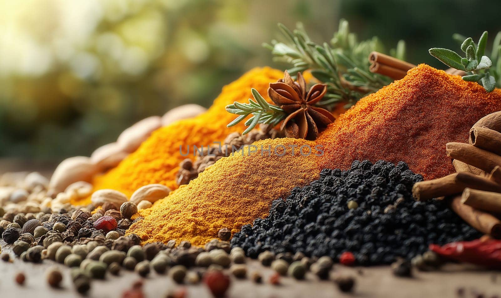 Fresh spices and herbs for food on table. Selective focus.