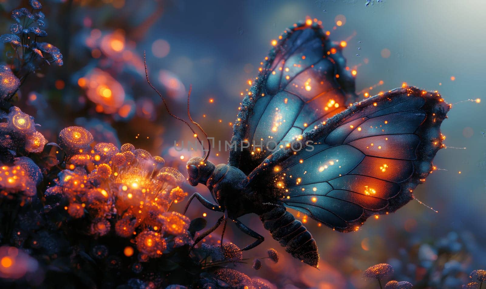 Mystical butterfly with glowing wings on flowers. Selective focus.