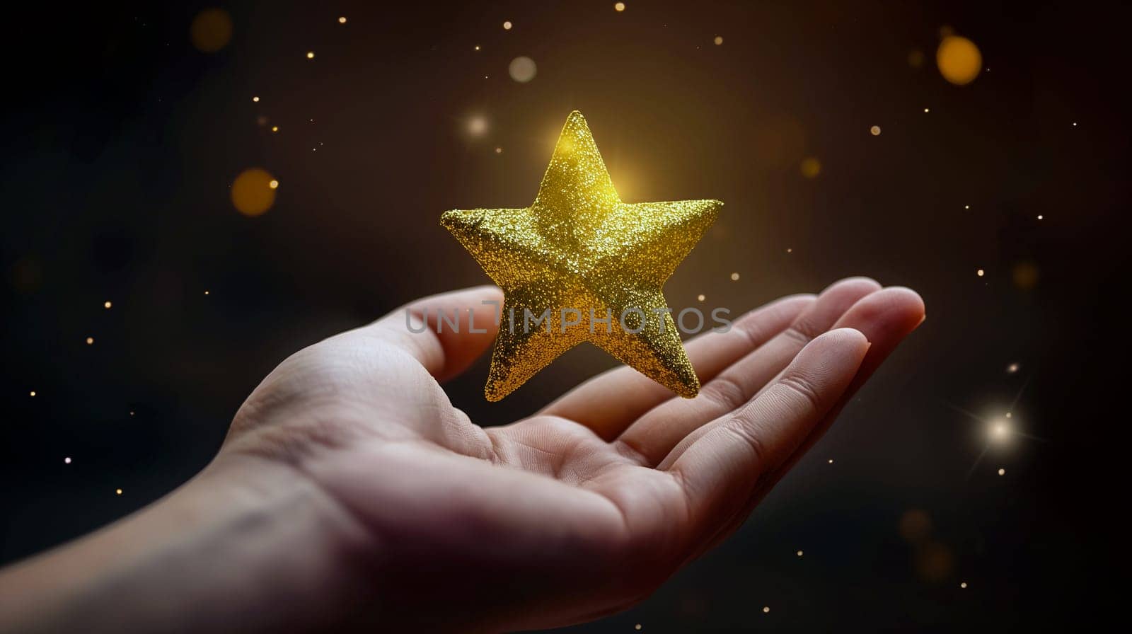 A hand extends gently, cradling a shimmering golden star that emits a soft glow, creating an enchanting atmosphere in the dark surroundings - Generative AI
