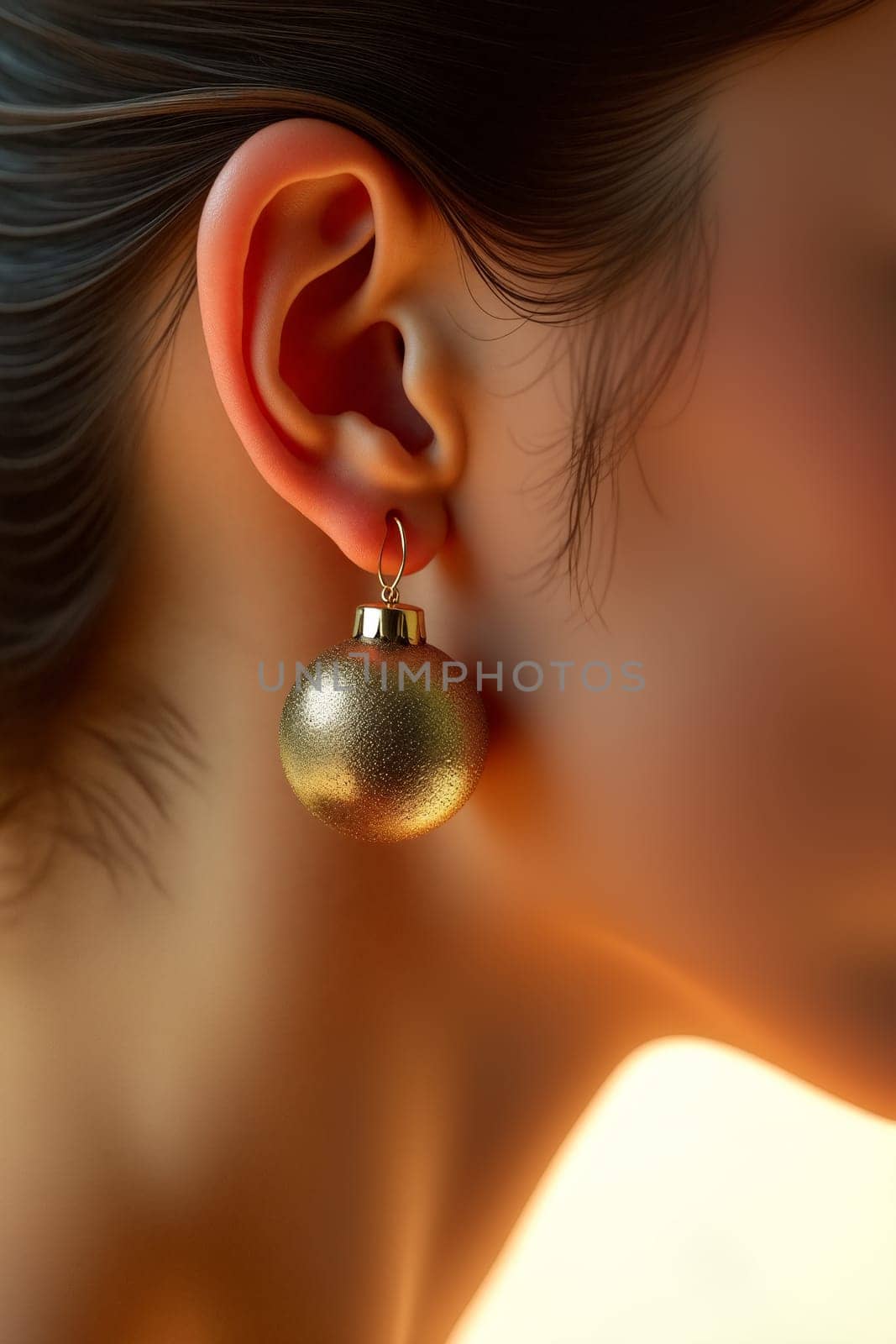 A woman highlights a striking gold Christmas ornament earring that catches the soft evening light, enhancing her elegant profile. The warm ambiance adds to the beauty of the setting - Generative AI