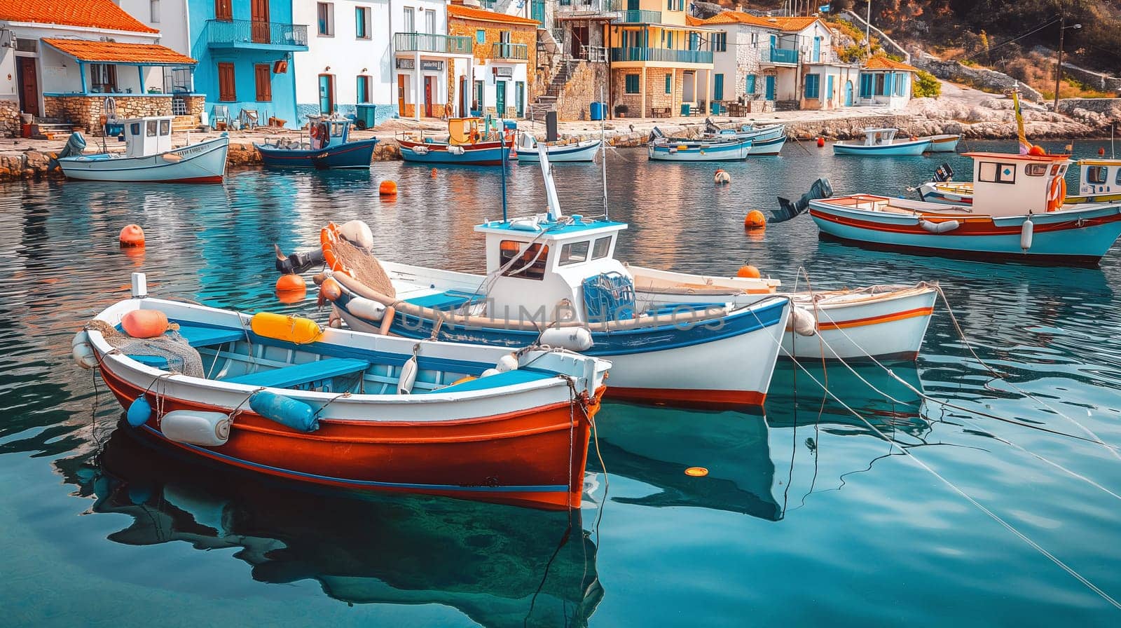Brightly painted fishing boats rest in tranquil waters, surrounded by quaint buildings along the harbor on a sunny day - Generative AI