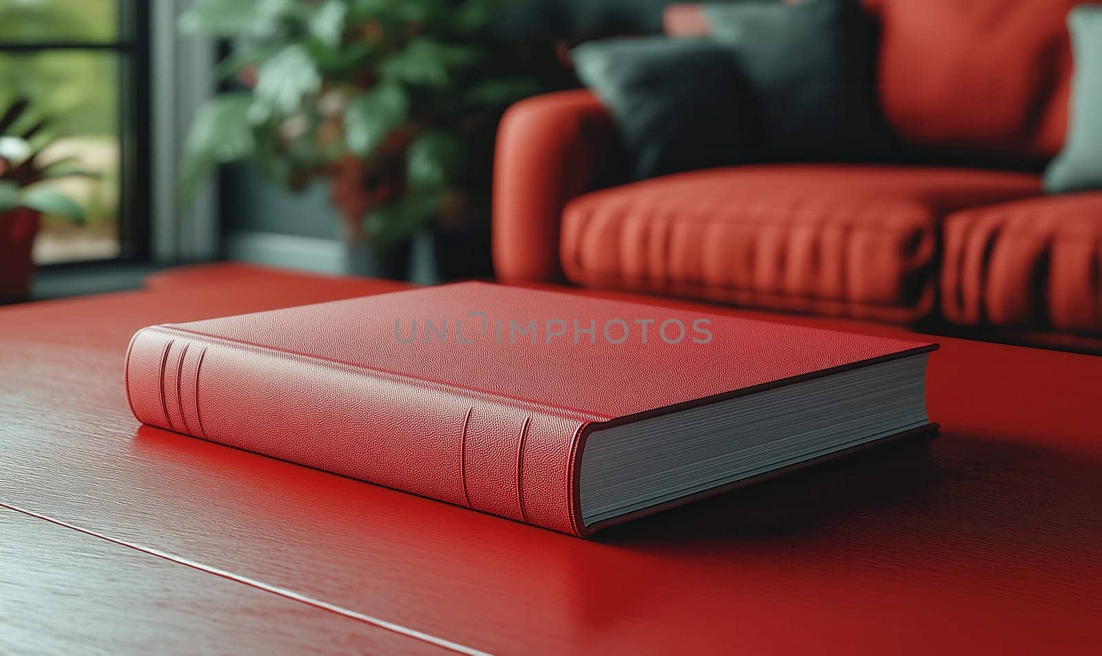 3d red book with blank cover on red background. Selective focus.
