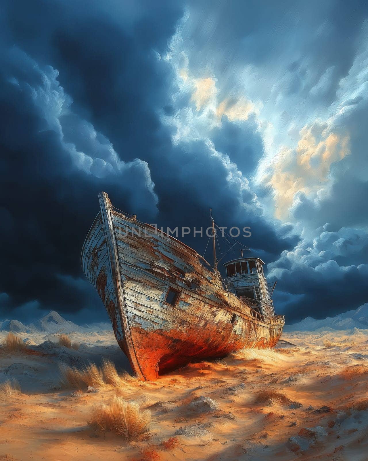 Abandoned boat falling apart in the desert against the backdrop of thunderclouds. Selective focus.