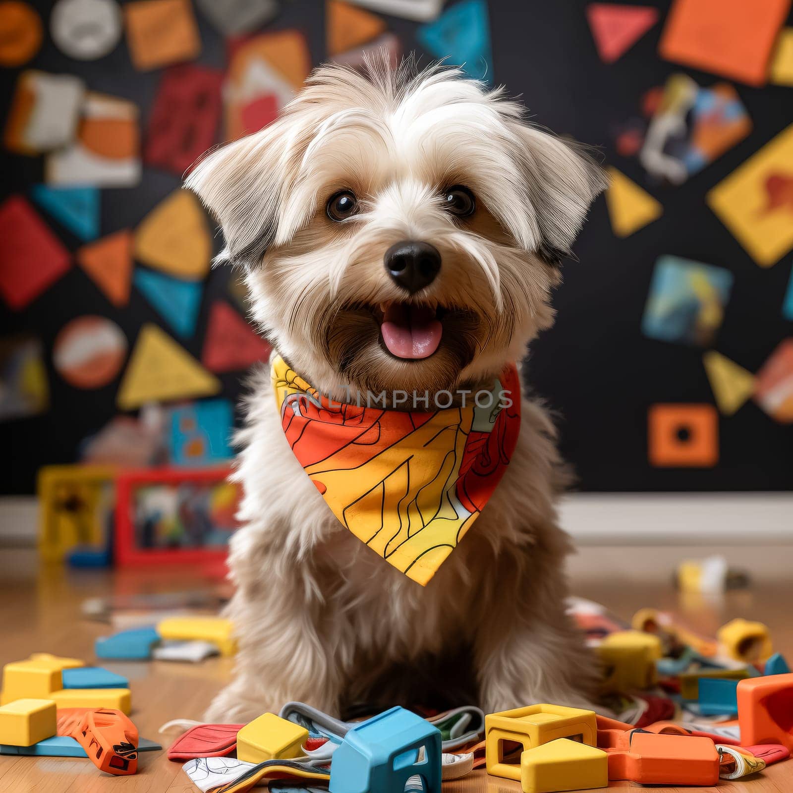 Dog with a yellow bandana on its neck is smiling and looking at the camera. The image has a cheerful and playful mood, as the dog appears to be enjoying its time and is happy to be photographed