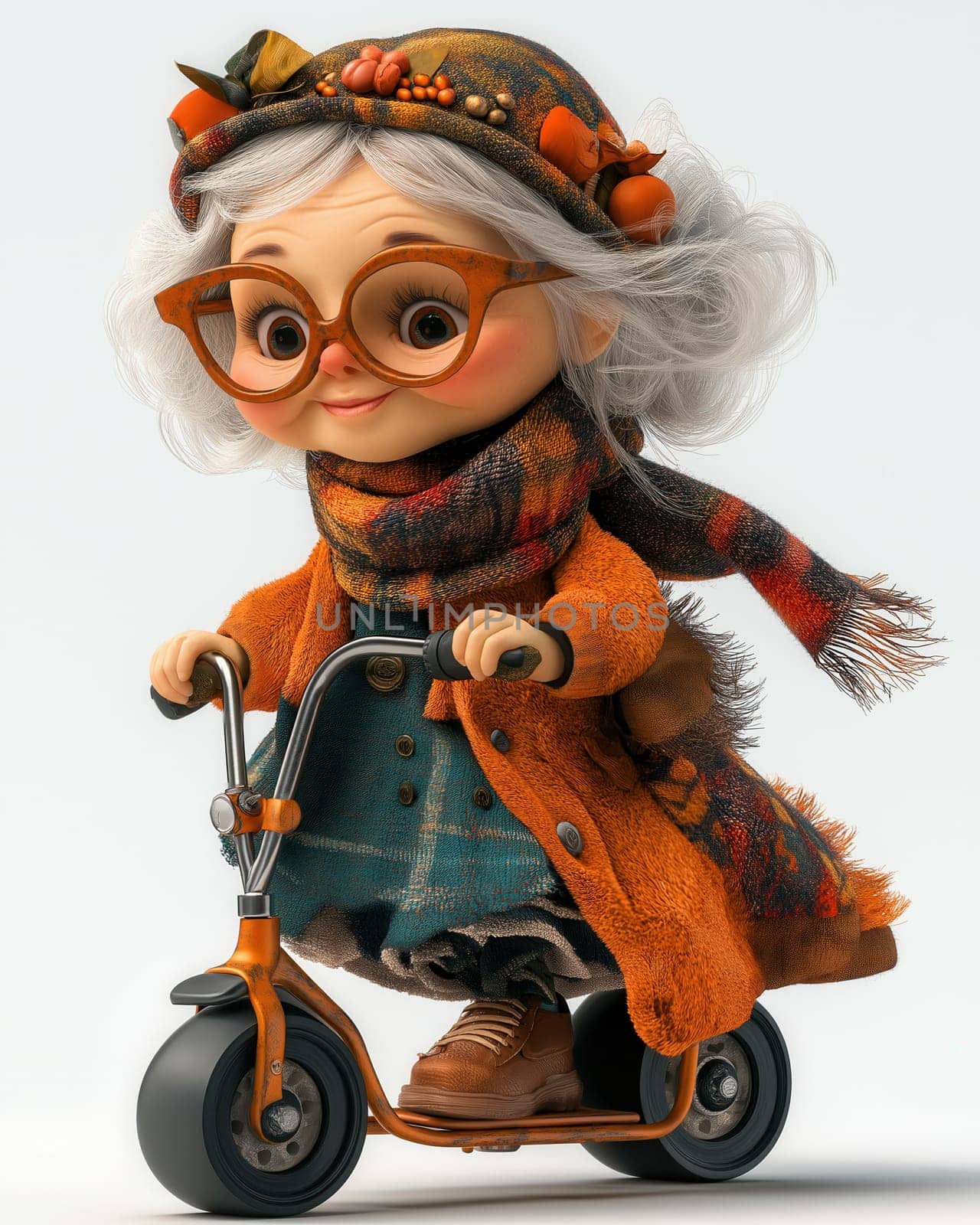 Cartoon elderly woman in stylish clothes riding a roller, on a white background. Selective focus.