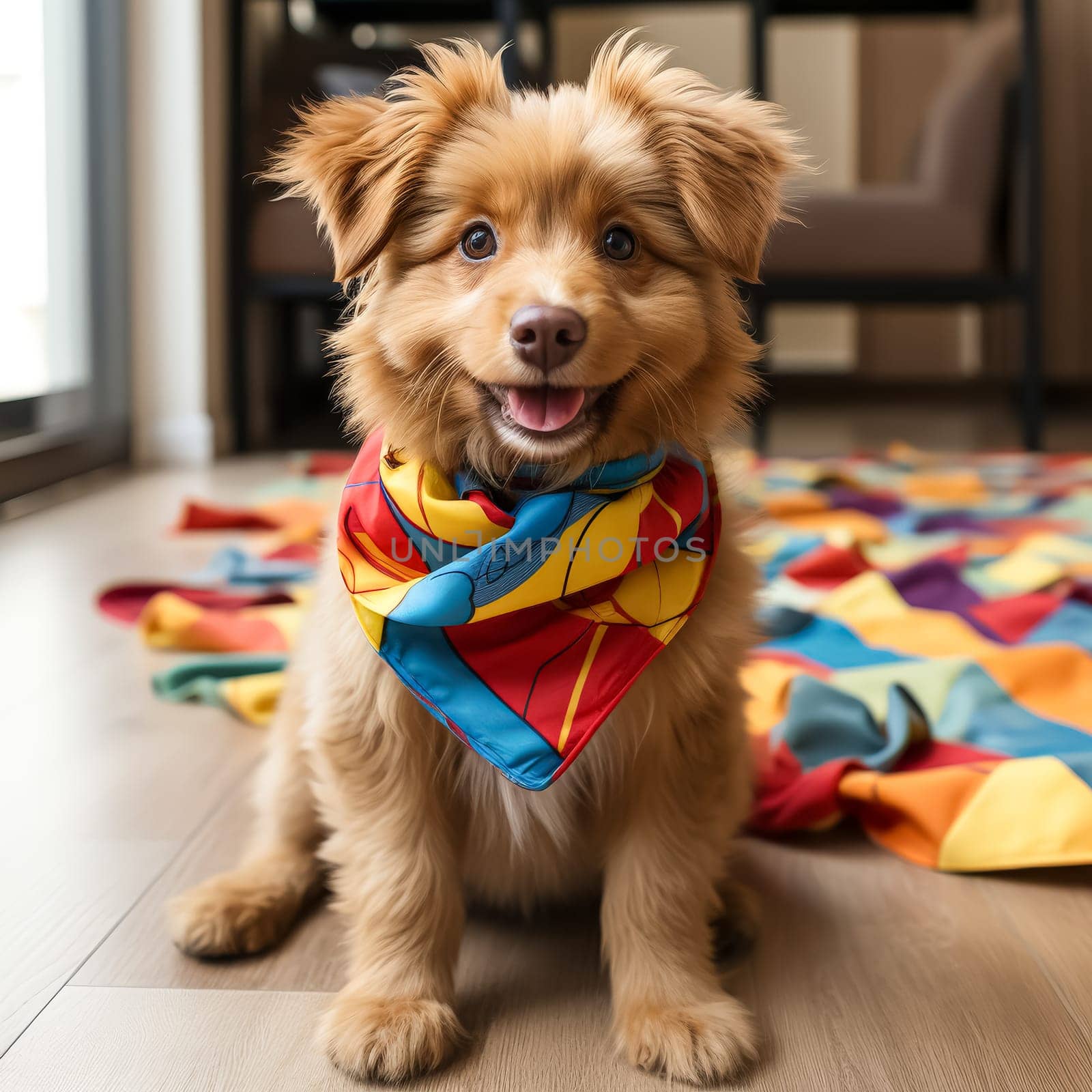 Dog with a yellow bandana on its neck is smiling and looking at the camera. The image has a cheerful and playful mood, as the dog appears to be enjoying its time and is happy to be photographed