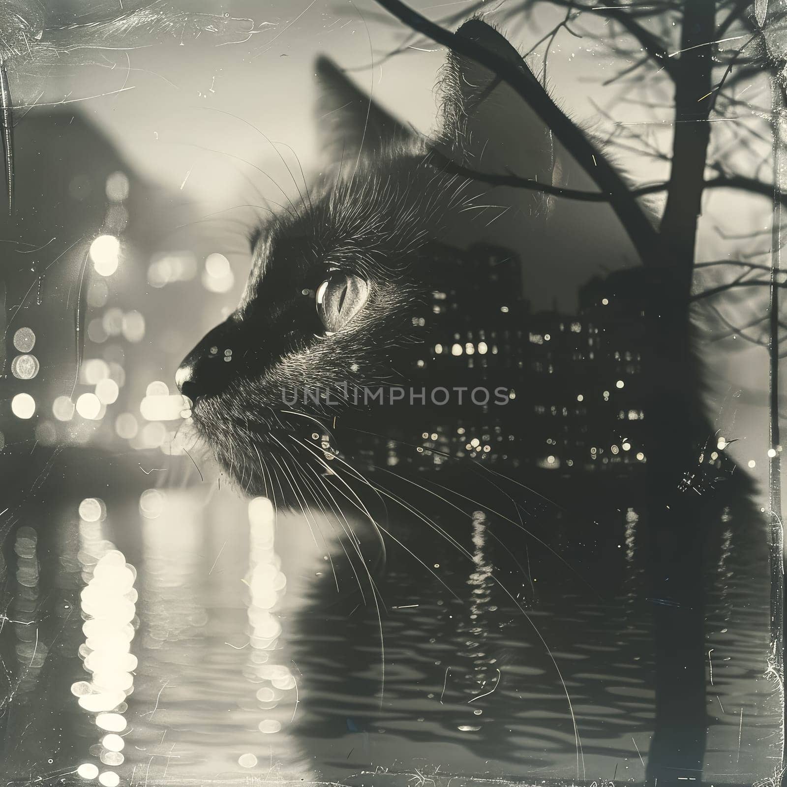Cat is looking at the camera in a city scene with a body of water in the background