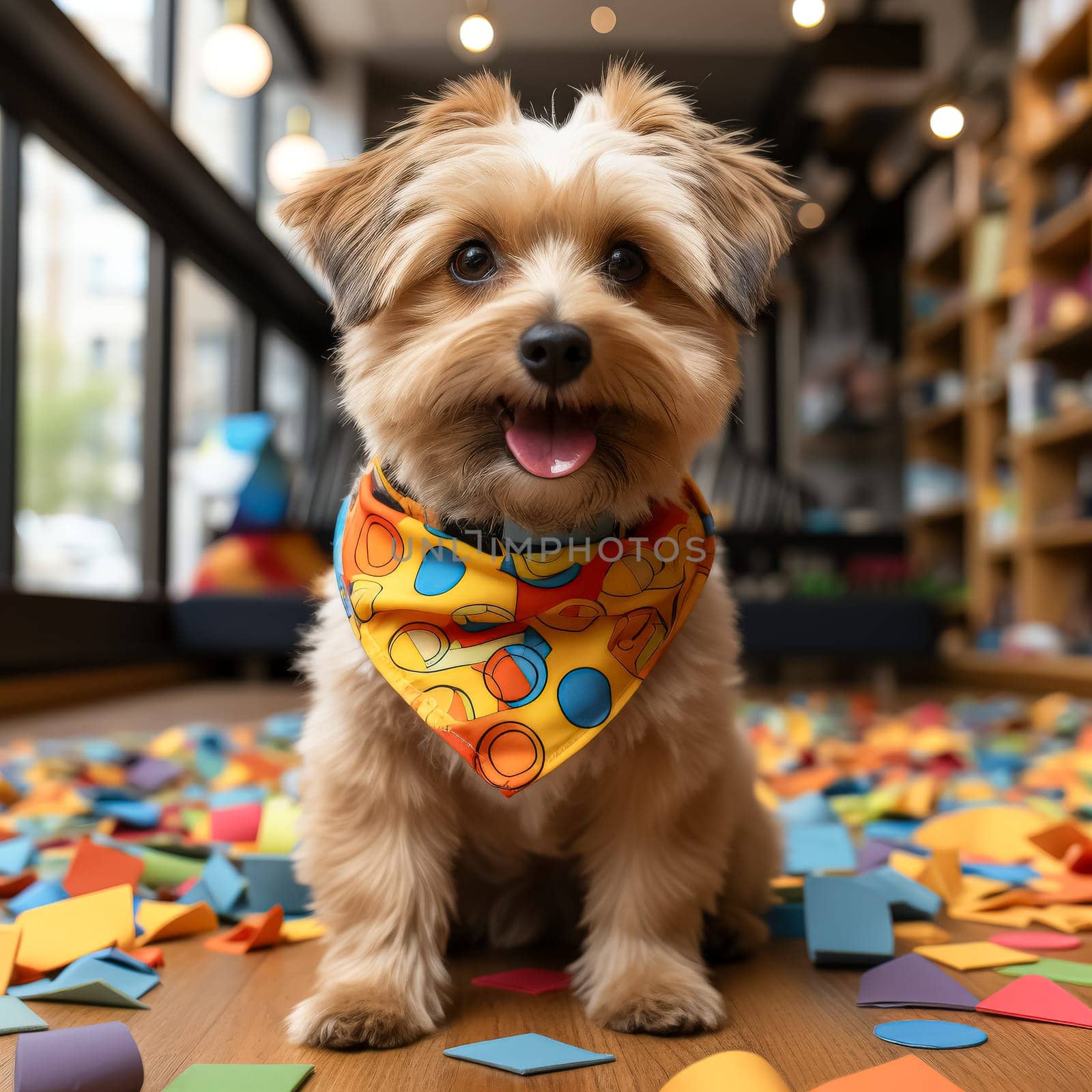 Dog with a yellow bandana on its neck is smiling and looking at the camera. The image has a cheerful and playful mood, as the dog appears to be enjoying its time and is happy to be photographed