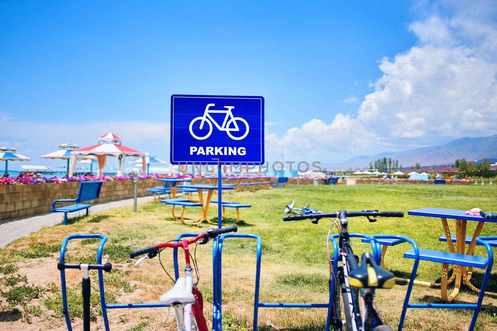 Bicycles are parked on a land lot next to a sign that says parking, as the blue sky and white clouds make a beautiful natural landscape