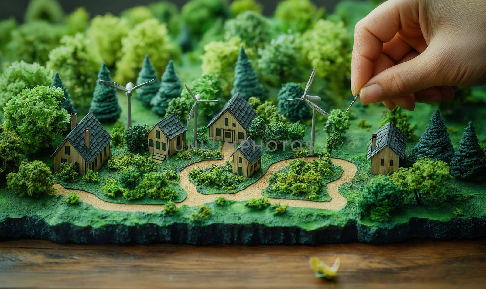 Hands making a miniature model of a cityscape with wind turbines, green energy. Selective focus.