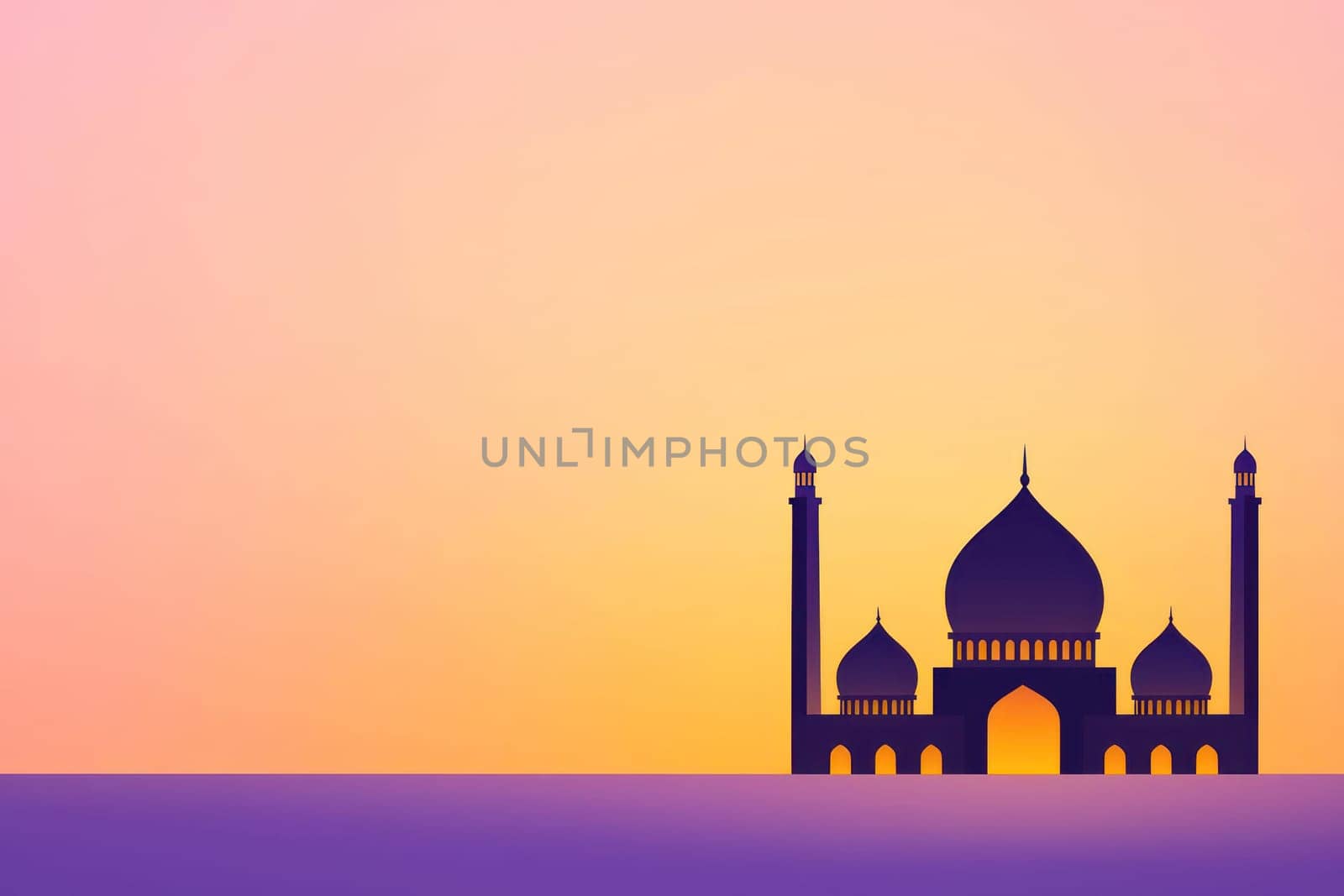 Minimalist mosque illustration with serene sunset background.
