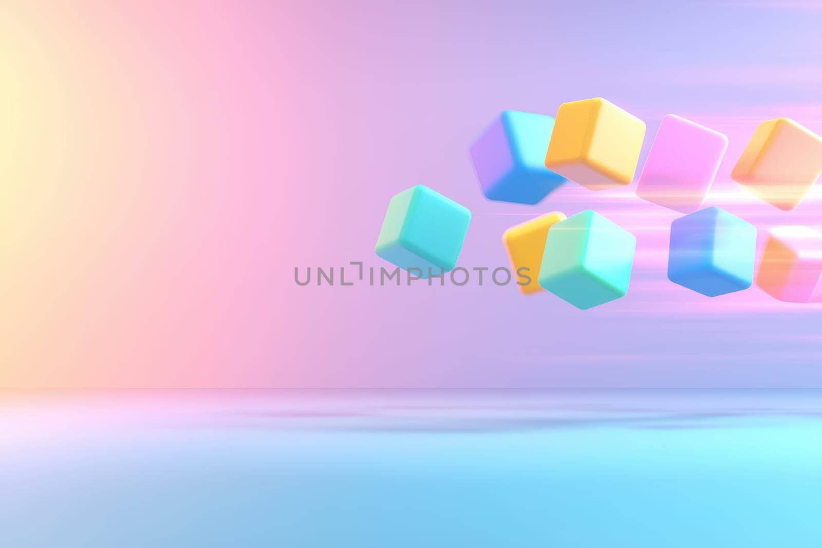 Bouncing colorful cubes create vibrant and dynamic scene.