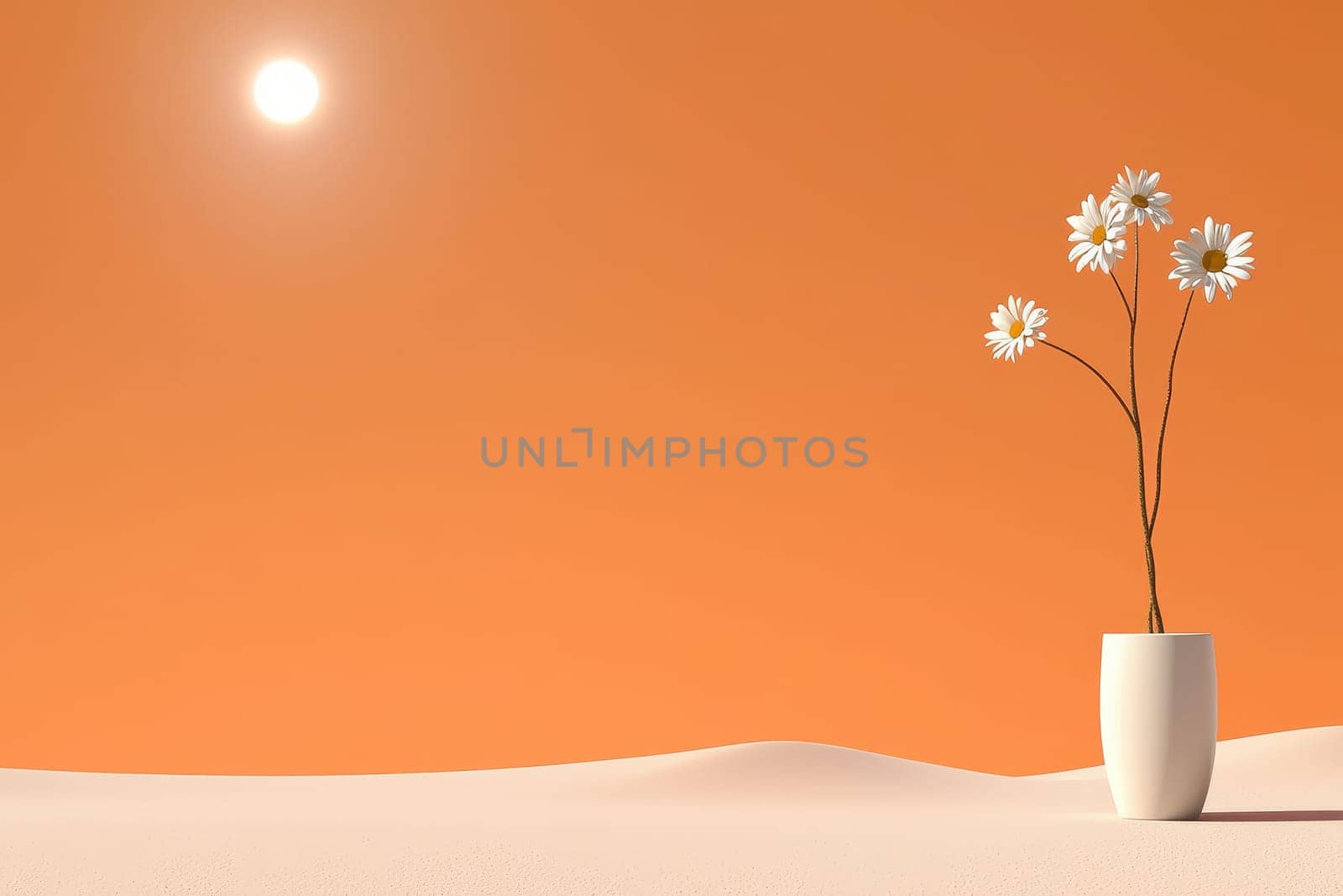 serene scene of flowers in vase against warm orange backdrop evokes tranquility.