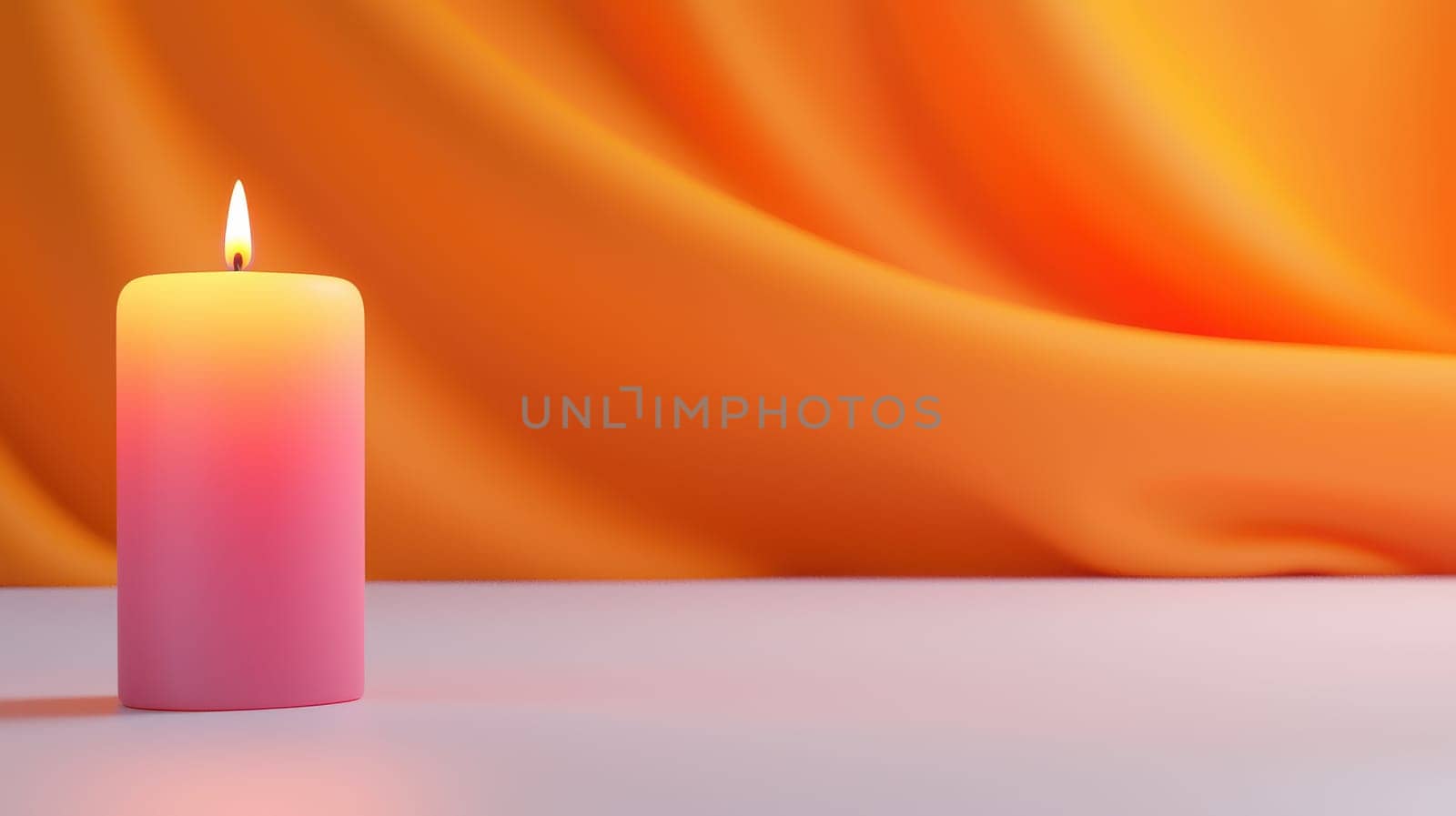 serene pink candle flickers softly against warm orange backdrop.