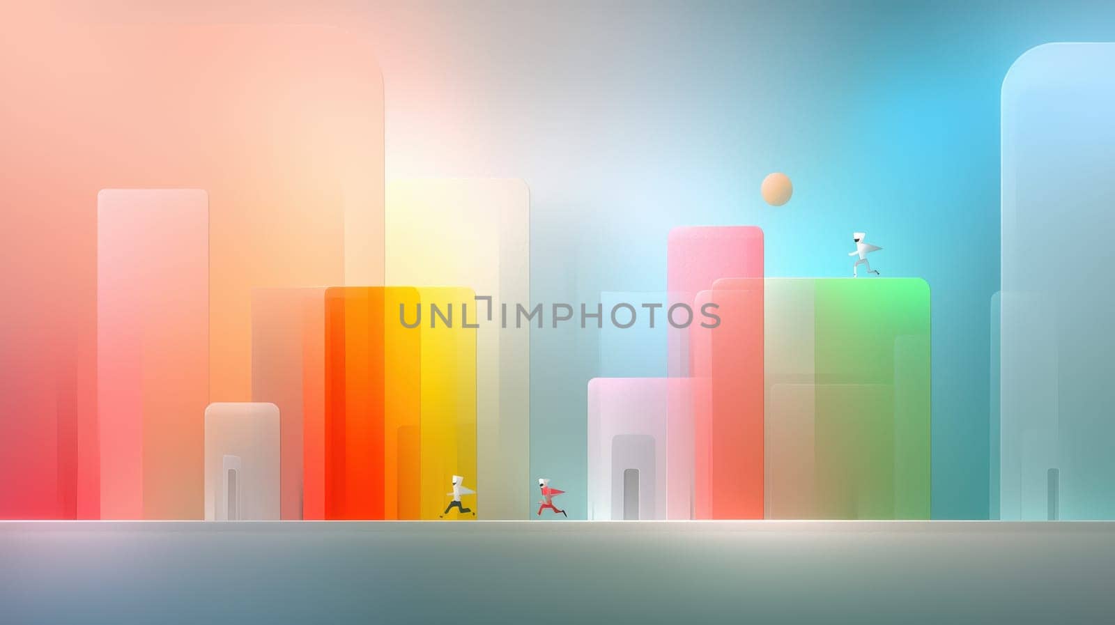 vibrant composition featuring abstract figures in colorful landscape.