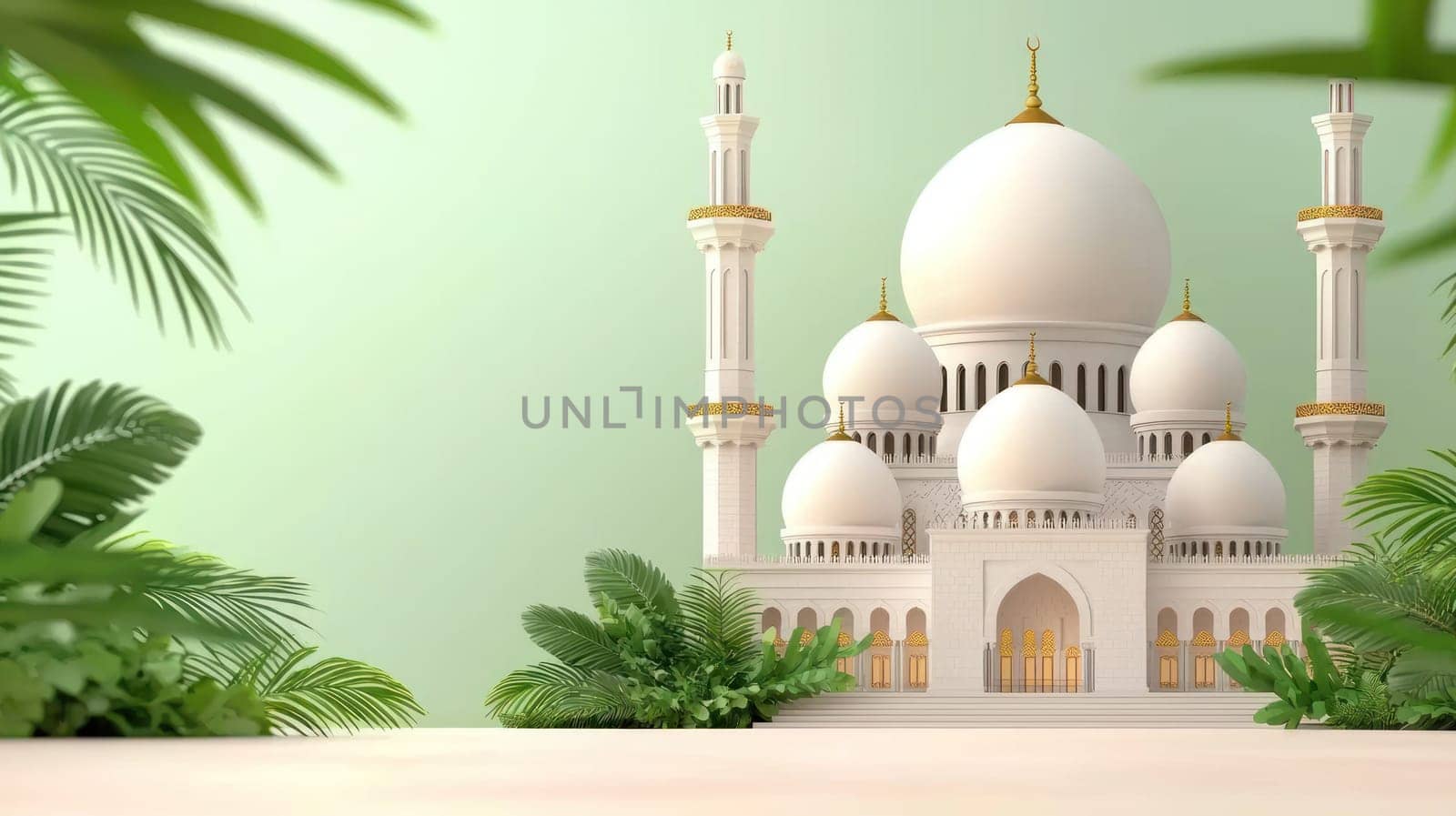 stunning grand Islamic mosque surrounded by lush greenery, showcasing intricate architecture.