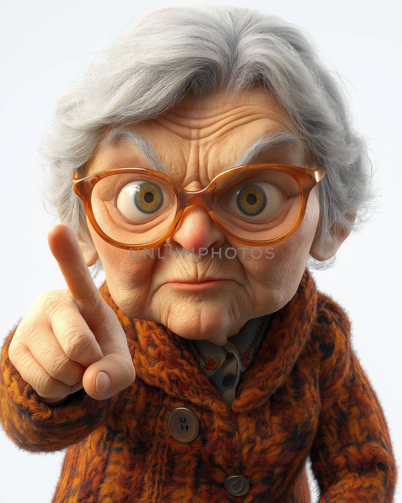 Cartoon dissatisfied elderly woman shakes her finger, on a white background. Selective focus.