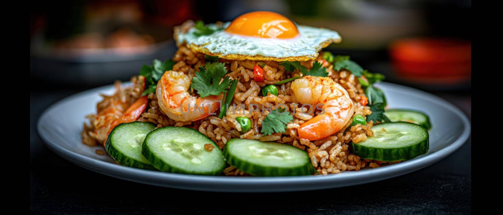 Delicious Thai fried rice with shrimp, topped with fried egg and fresh cucumber.