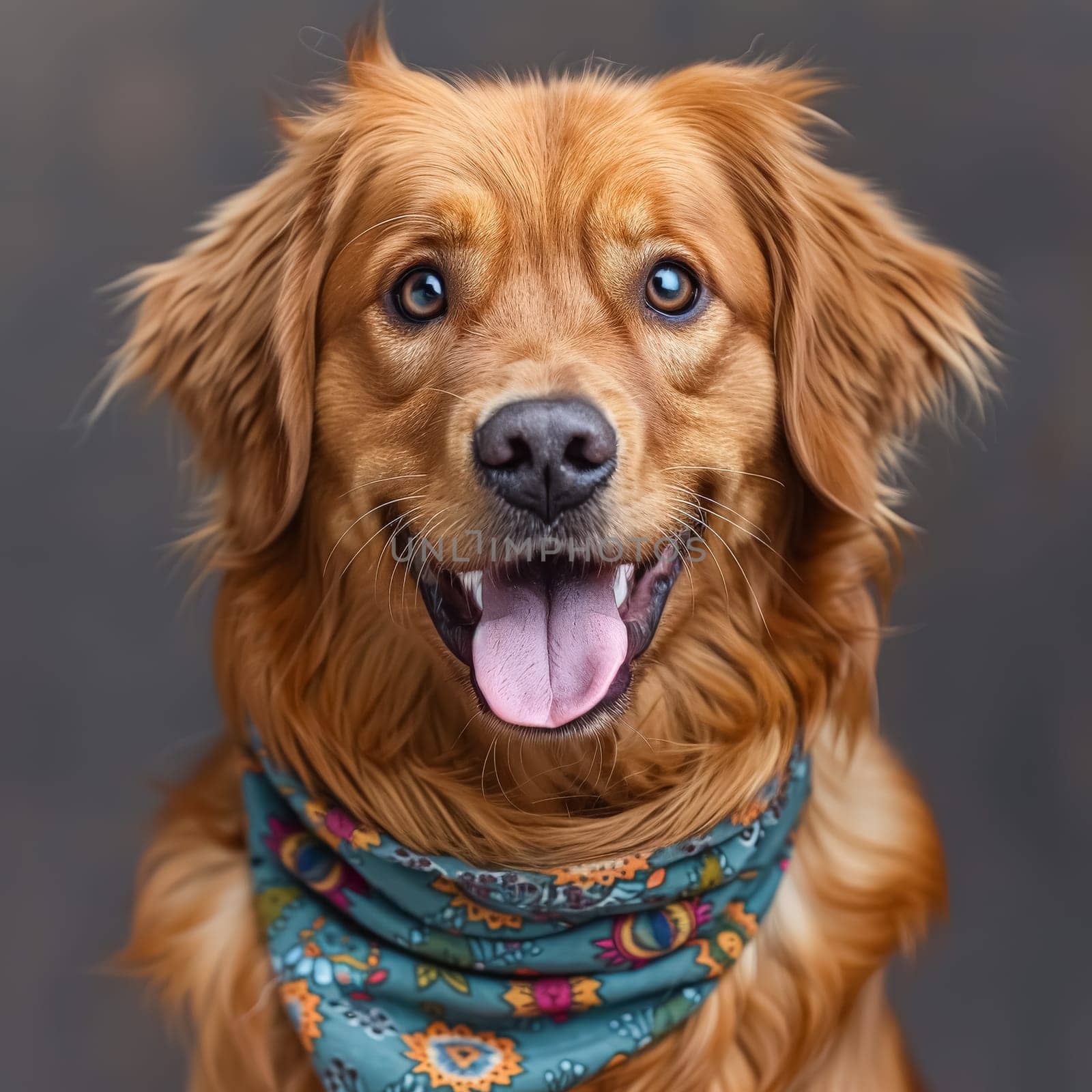 Small brown retriever with a blue floral bandana around its neck. The dog is looking at the camera with a curious expression