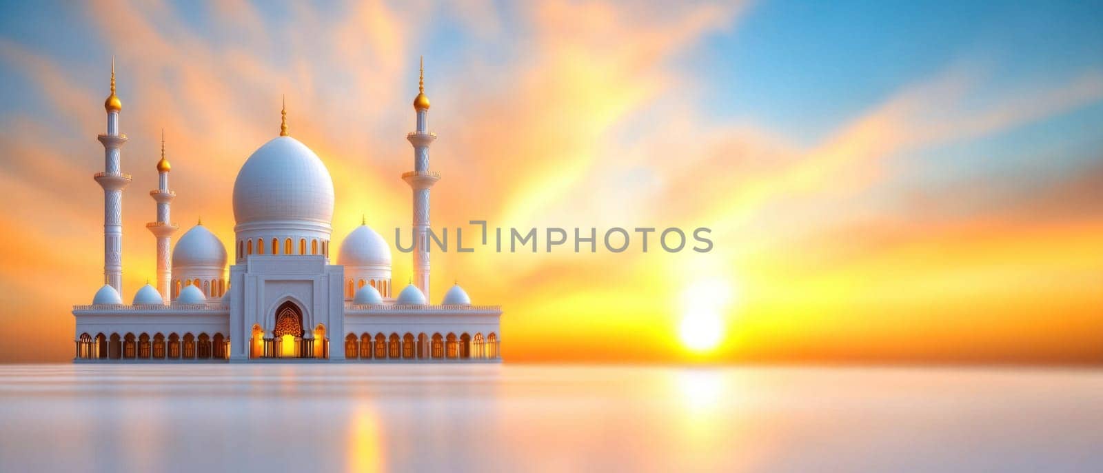 stunning mosque at sunrise, showcasing intricate architecture and vibrant colors.