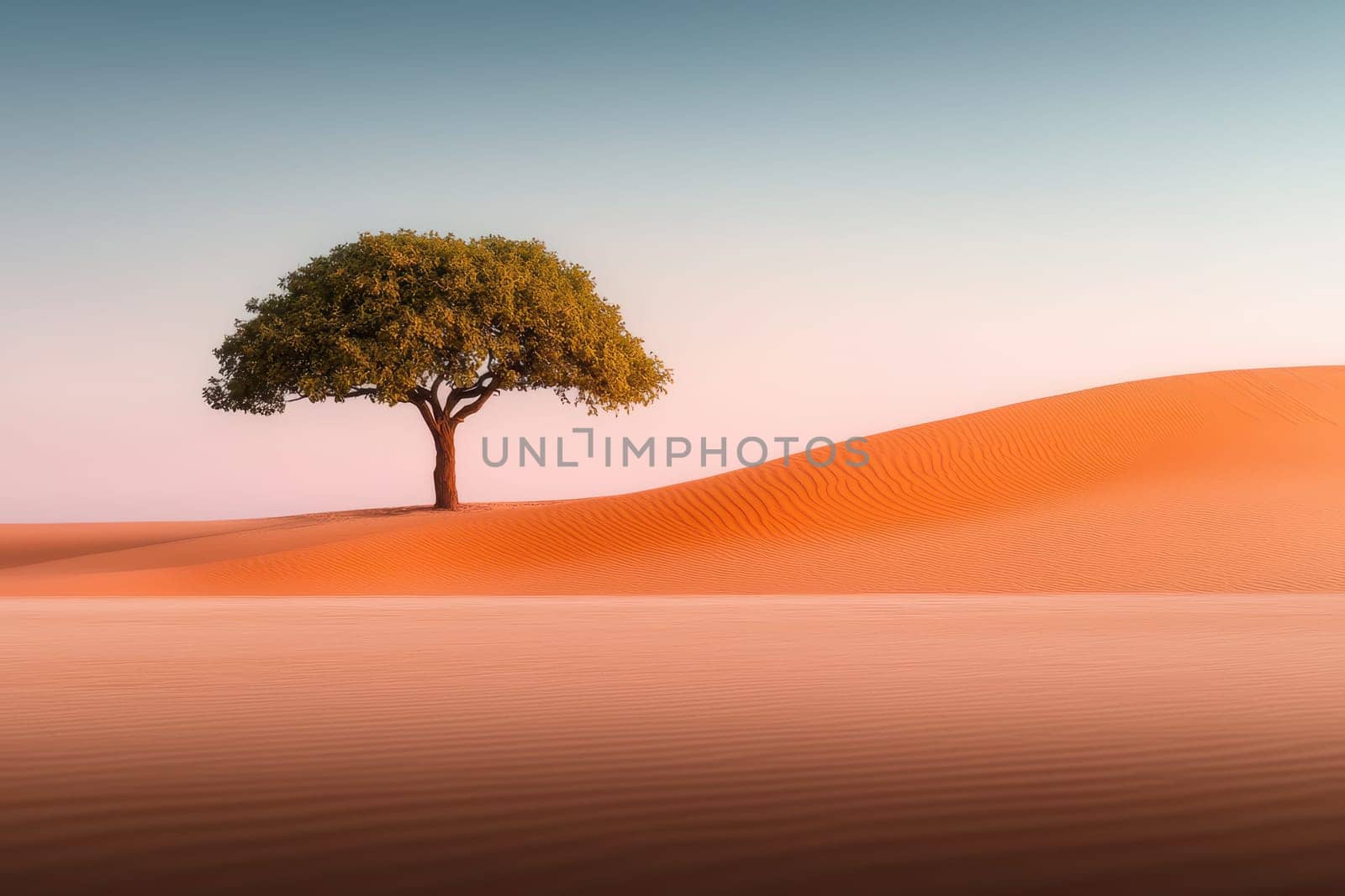 serene landscape featuring solitary tree amidst soft sand dunes, evoking tranquility.