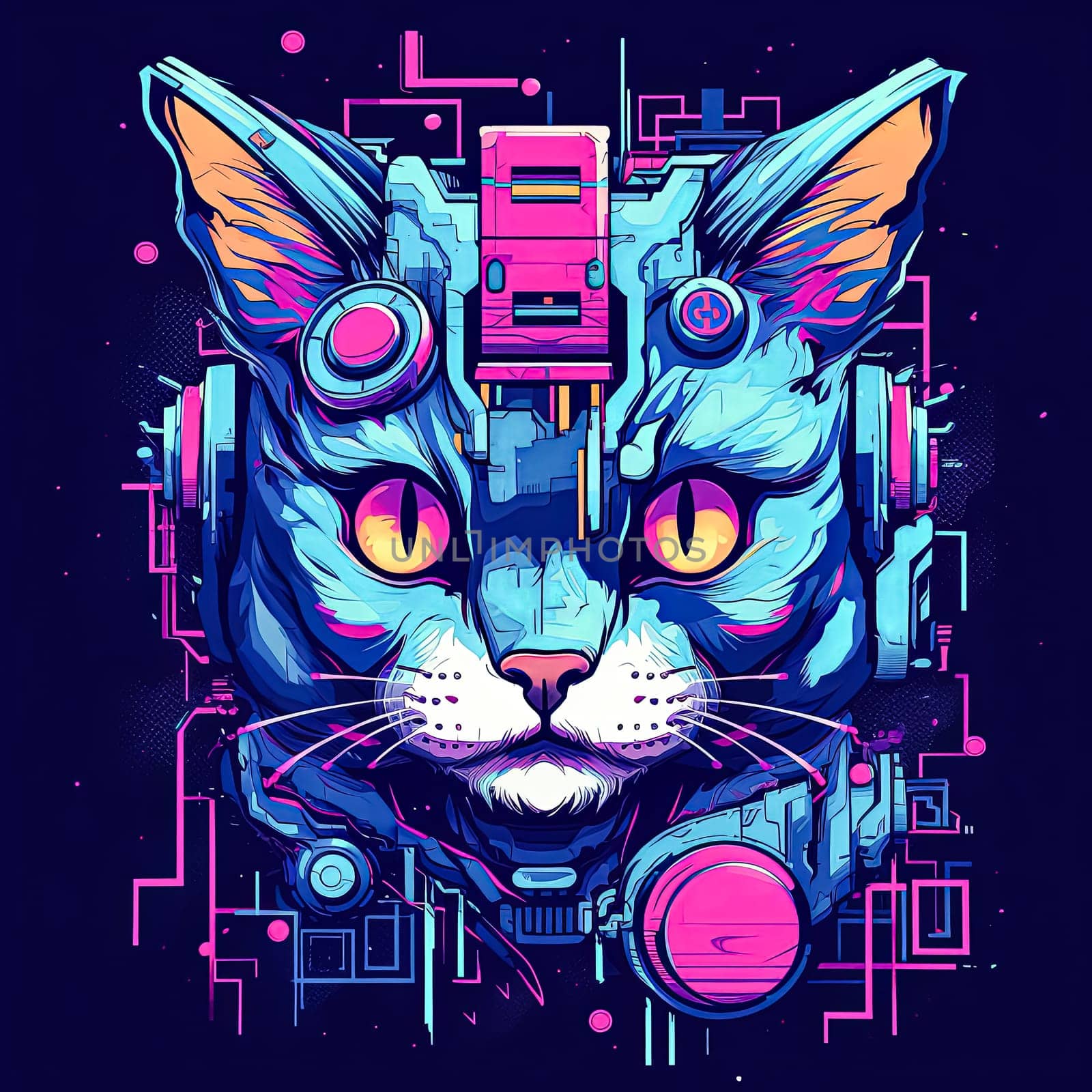 Cat with a blue helmet on its head. The cat is wearing goggles and has a yellow eye