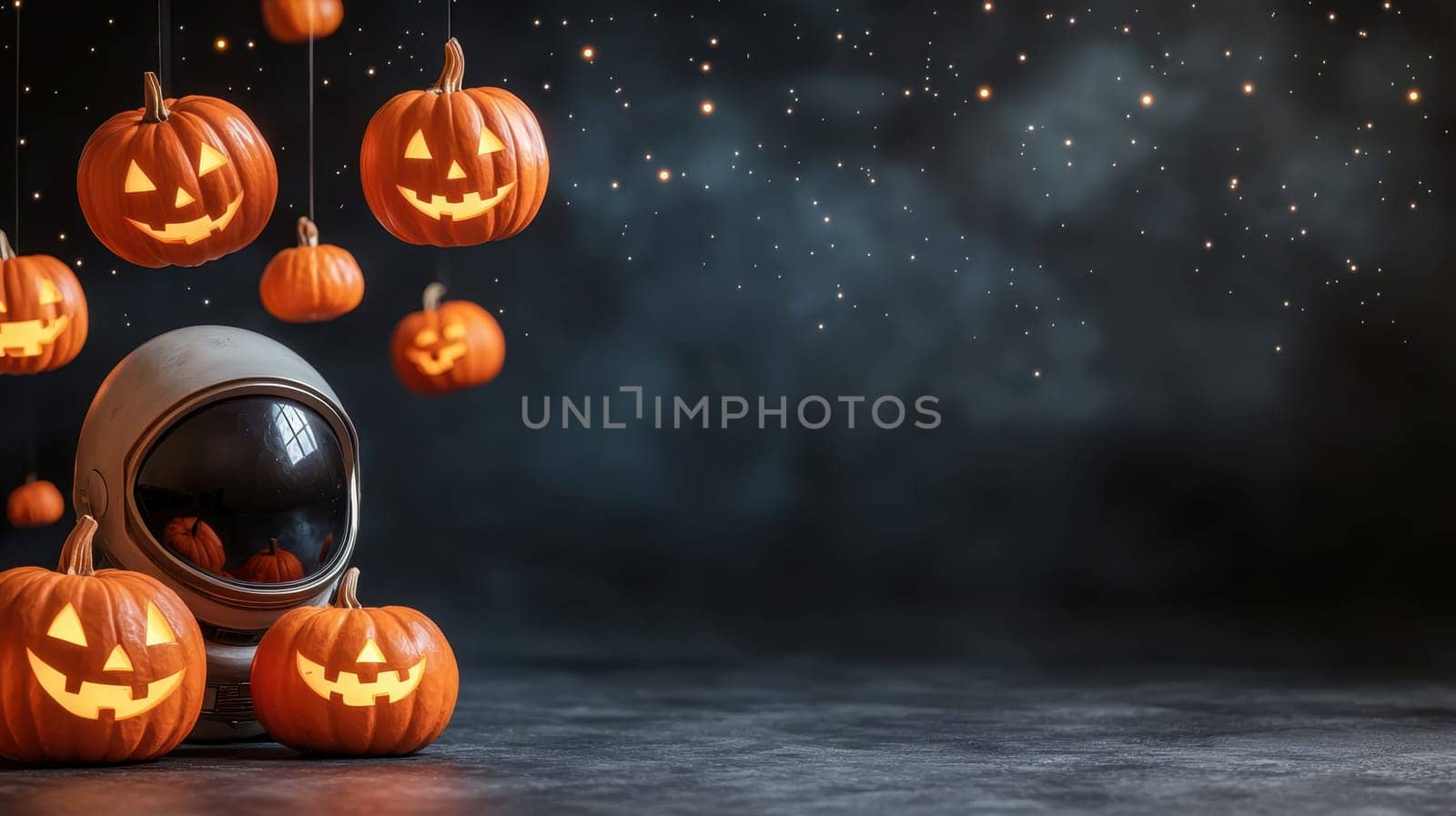 Spooky astronaut with glowing pumpkins in cosmic setting.