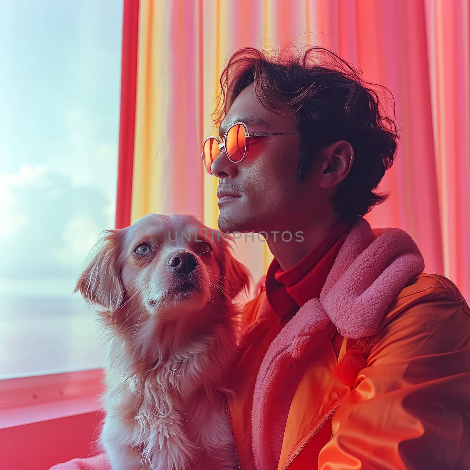 Man in a yellow jacket is holding a dog. The dog is wearing a collar and leash. The man and dog are standing next to a colorful wall