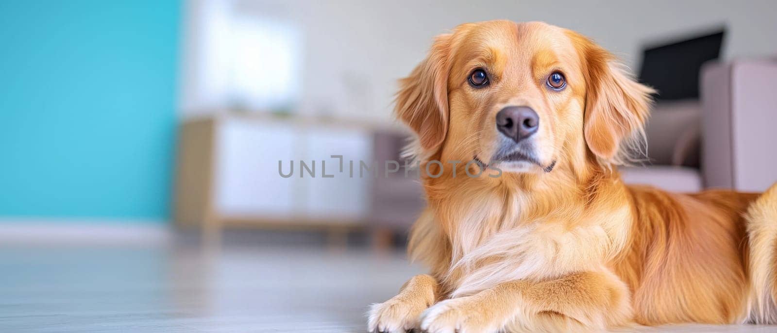 golden retriever dog relaxing in minimalist living room setting.