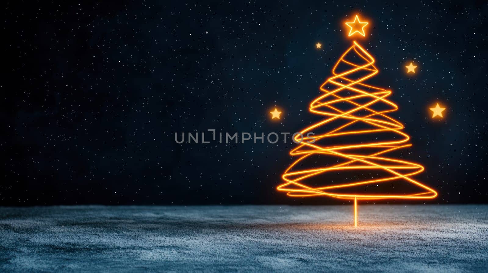 glowing geometric Christmas tree with stars shines brightly in night sky.