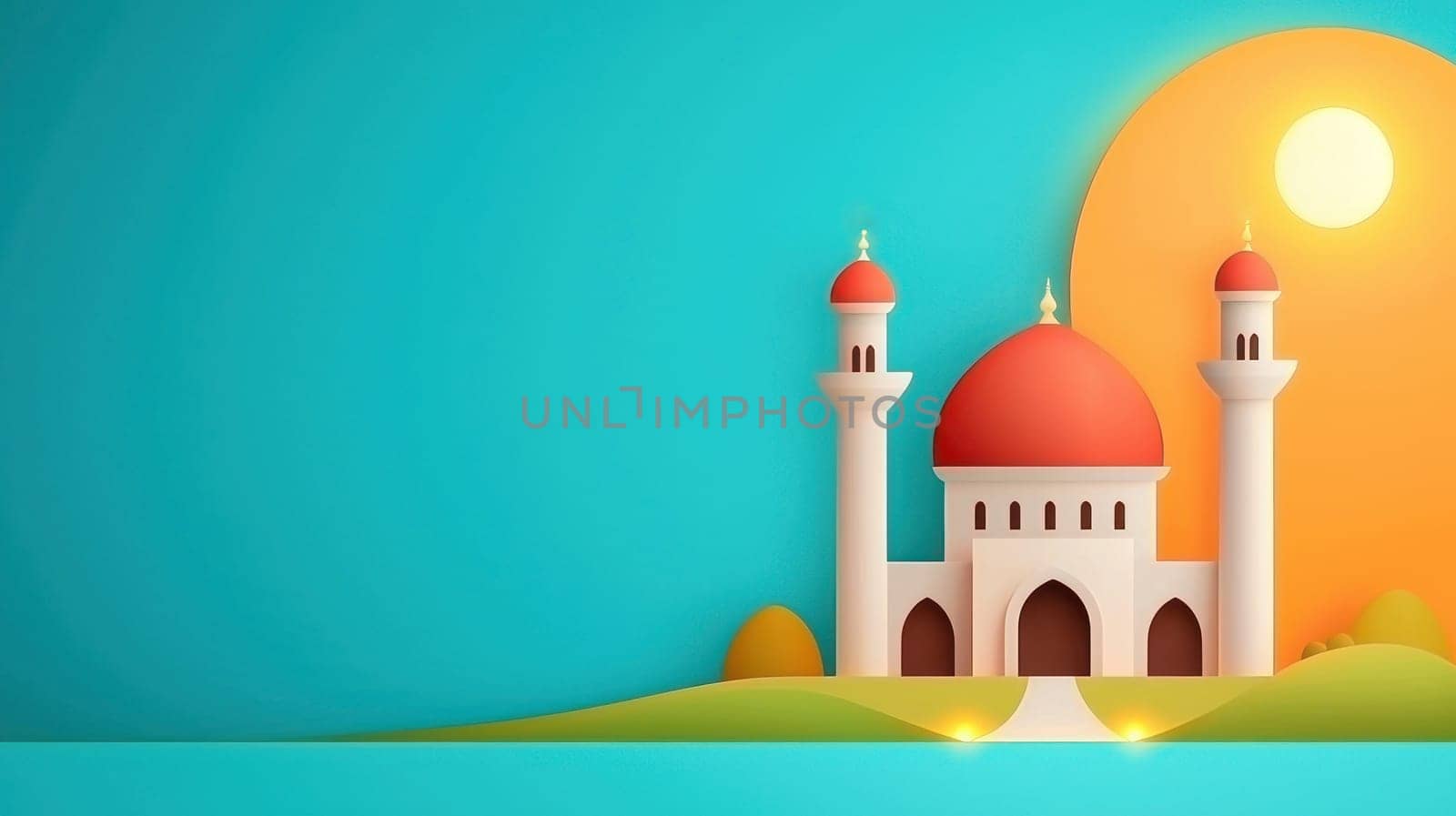 Majestic mosque with glowing minarets against vibrant sunset backdrop.