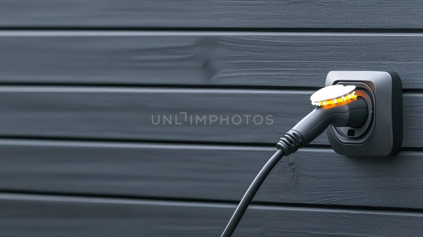 Electric vehicle charging station on wooden wall, showcasing modern technology.