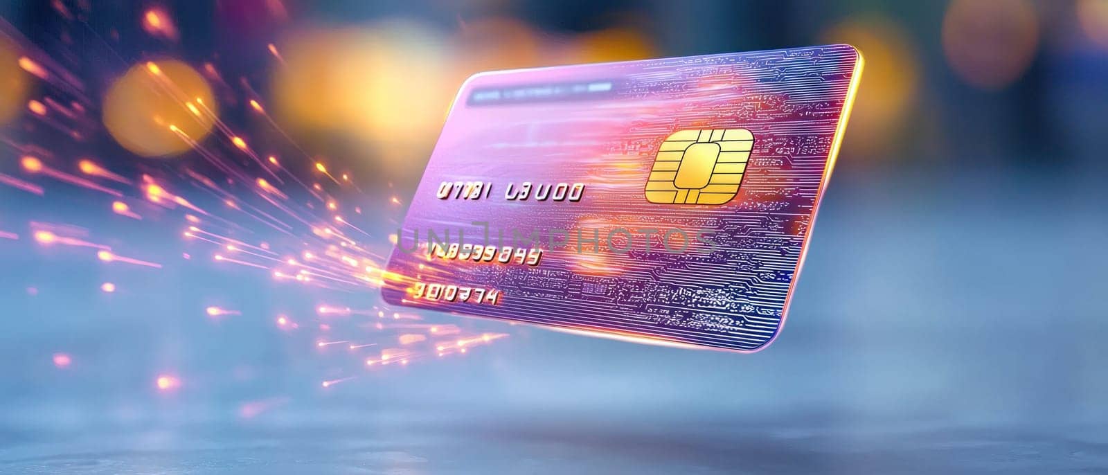 holographic credit card spins in mid air, showcasing its vibrant design and technology.