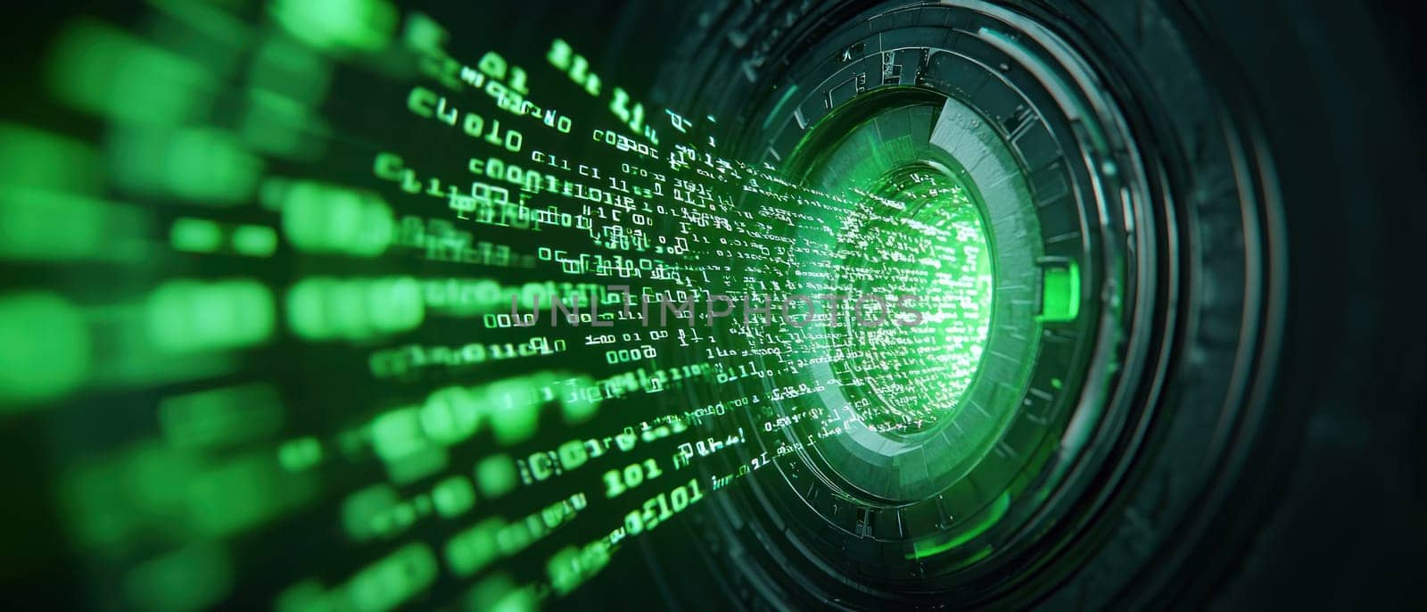 Digital vault door opening with streams of green data flowing through.
