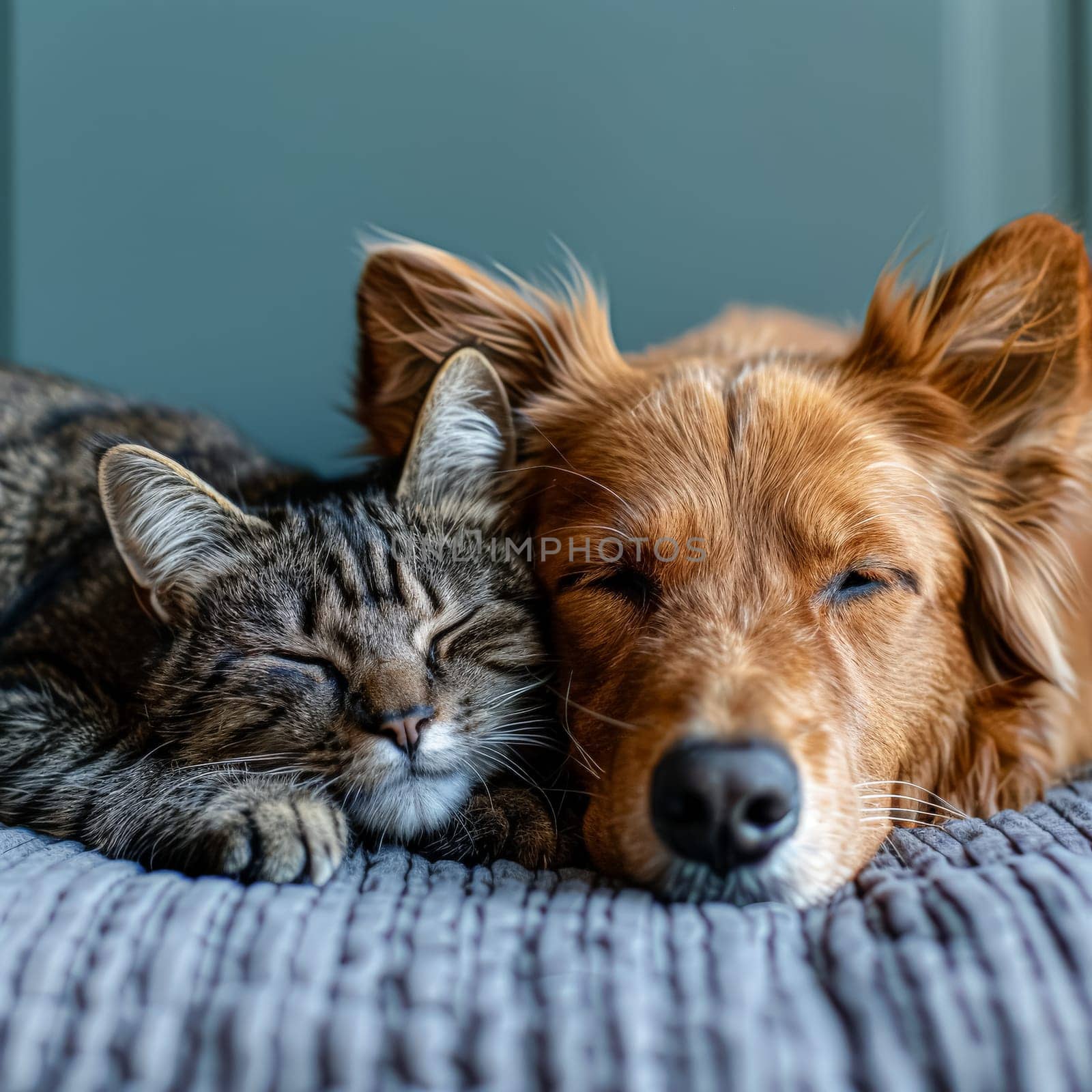 Cat and a dog are laying on a bed together. The cat is sleeping and the dog is looking at the camera